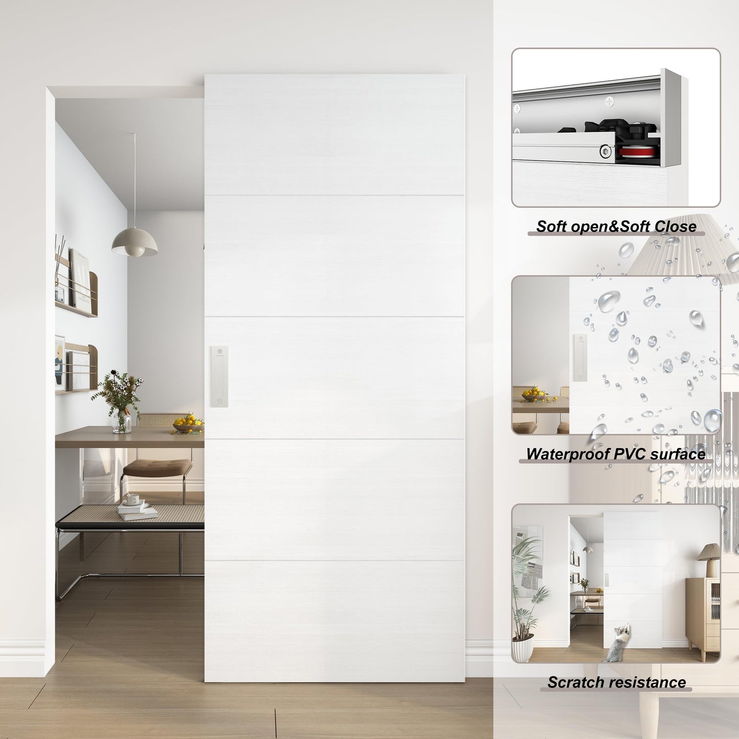 JUBEST 36"x84" Concealed Sliding Barn Door with Horizontal Groove and Soft Close Hardware Kit, White Flush Hidden Door for Opening 32"-34"x80", Waterproof and Smooth Sliding, for Interior Using