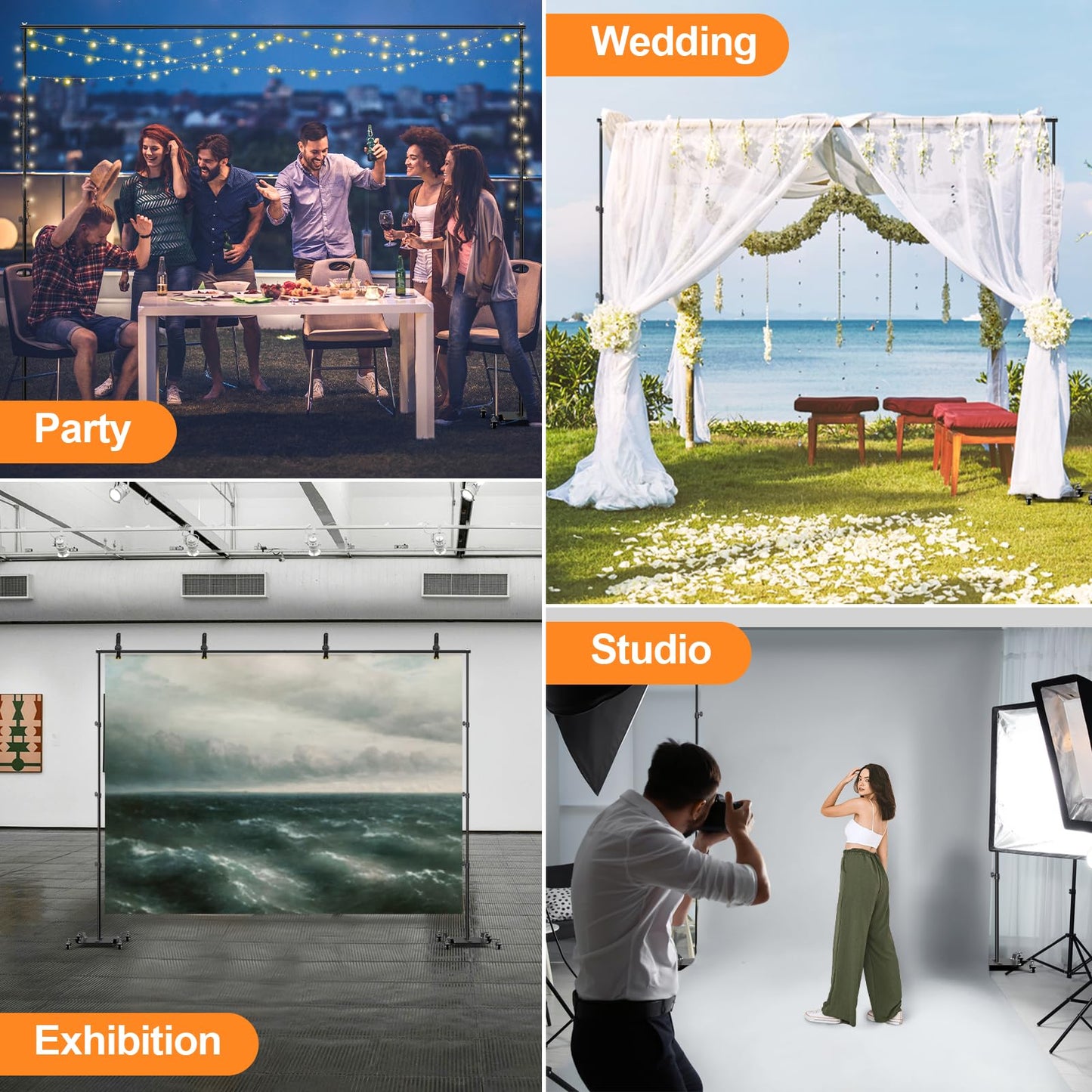 EMART Backdrop Stand with Wheels, 8.5x10ft Adjustable Photo Background Holder with Heavy Duty Metal Flat Base, Pipe and Drape Frame for Parties Wedding Photography Decoration