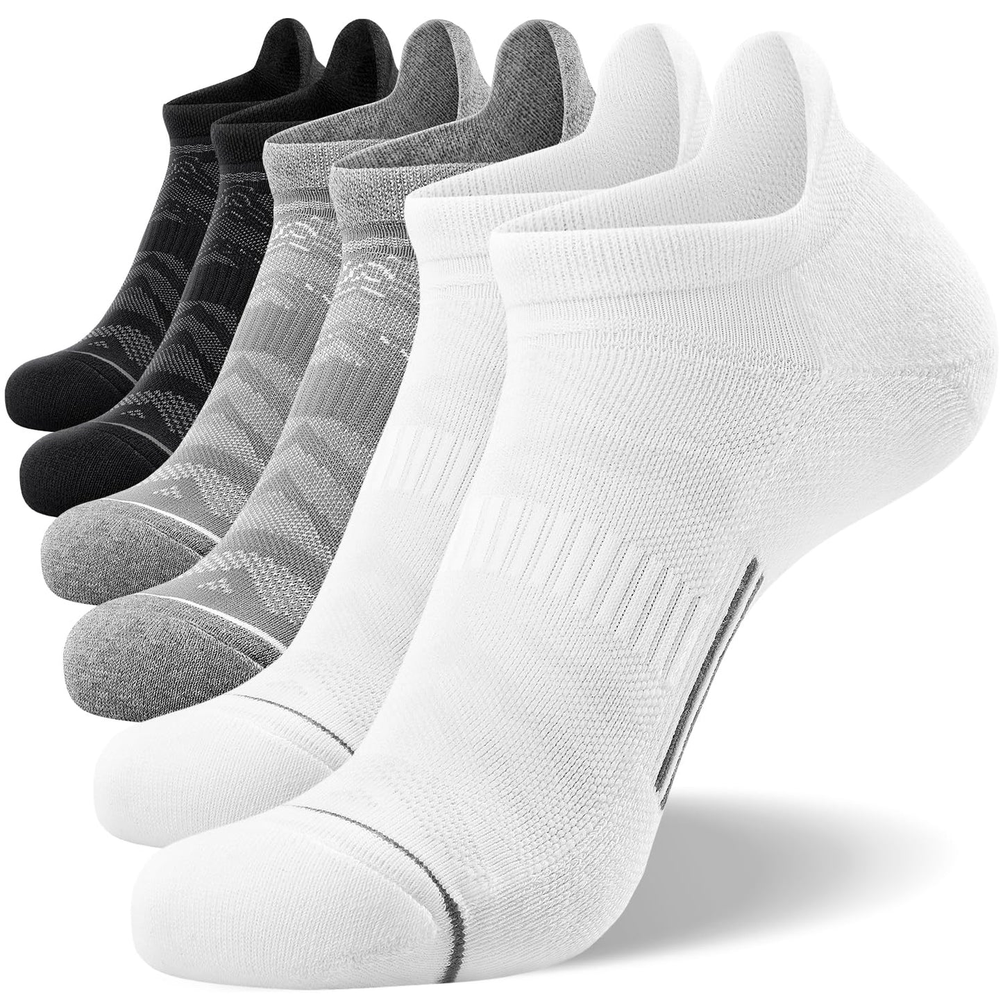 FITRELL 6 Pack Ankle Running Socks for Men and Women Low Cut Cushioned No Show Athletic Sports Compression Socks, Shoe Size 12-15, Black+White+Grey Mixed