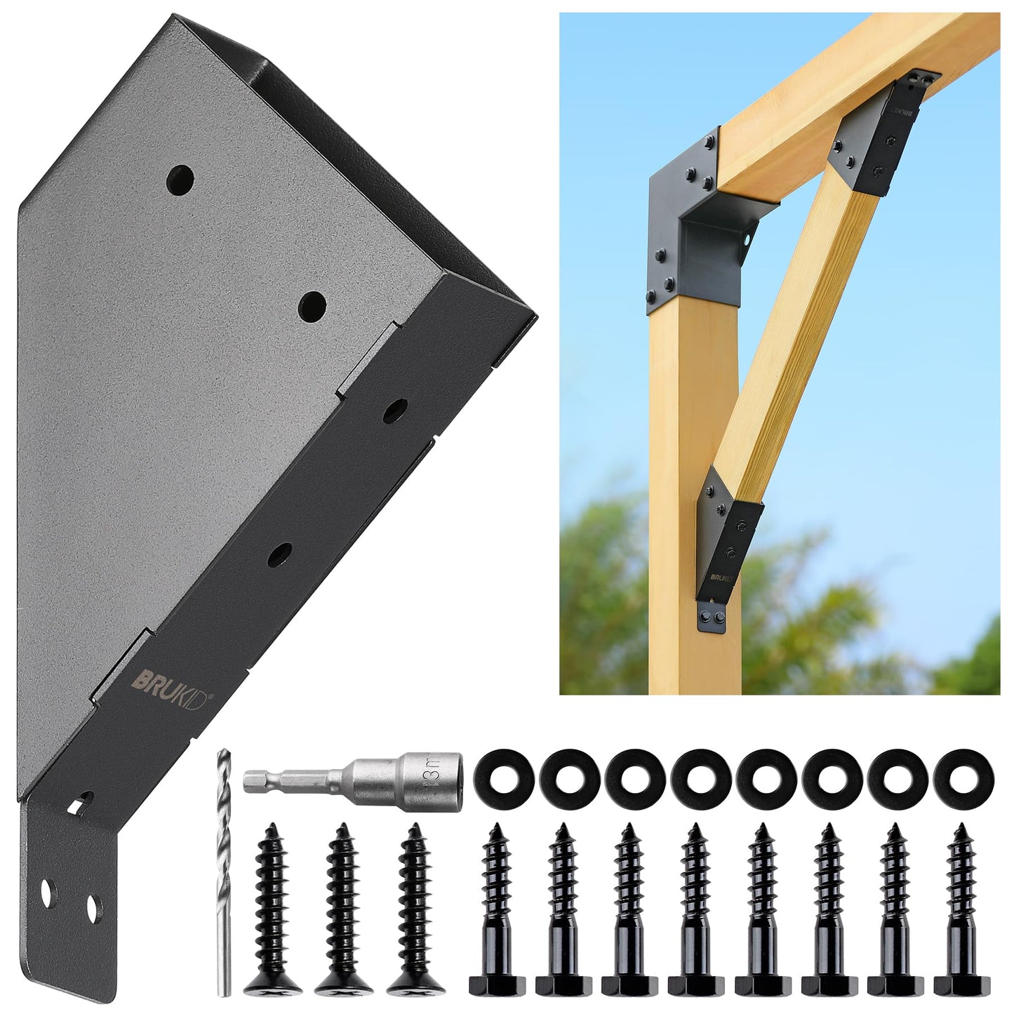 Brukid 4pc 45°-Degree Angle Support Bracket, 2x4 (Actual 1.5''x3.5'') Angle Bracket, Suitable for Pergolas, Gazebo, Deck Porch, Cabin Elevated Wood Support Bracket kit (Frosted-Black)