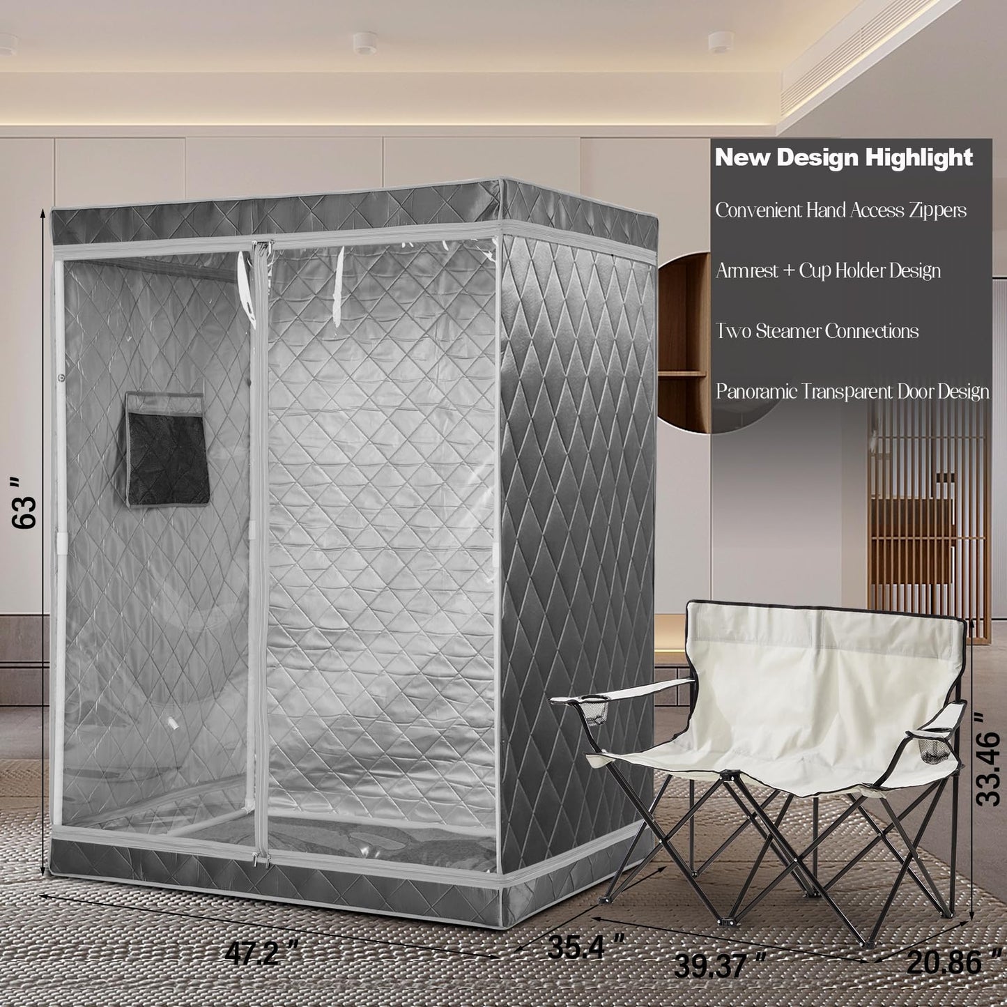 iDOTODO Full Size 2 Person Sauna Tent, Portable Steam Sauna Tent for Home, 1 or 2 Person Foldable Lightweight, Full Body Sauna Tent for Relaxation, Steamer Not Included, 2 Person Foldable Chair