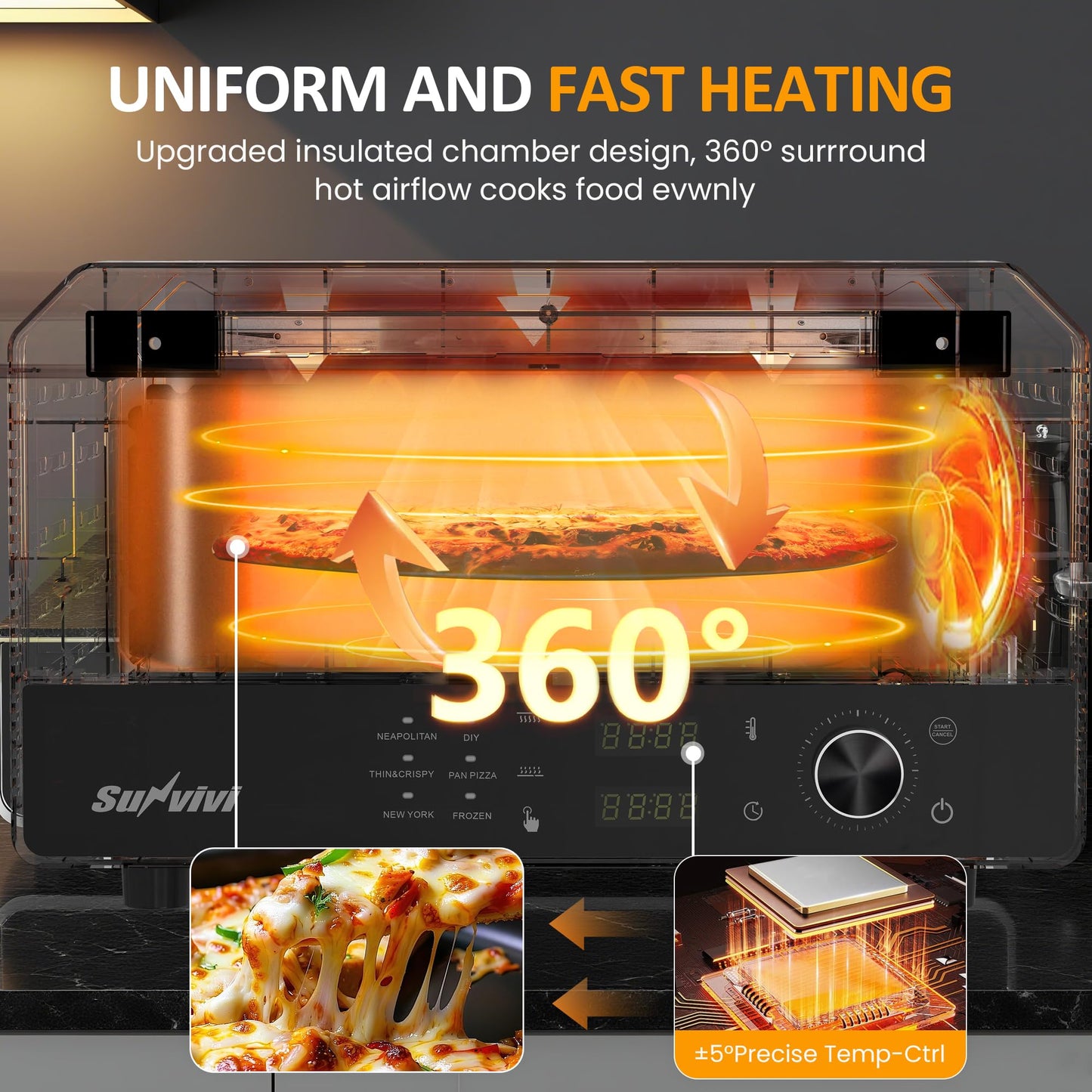 Sunvivi Electric Indoor Pizza Oven: Countertop Pizza Maker with 6 Presets, Heats up to 750℉, 12" Portable Pizza Cooker Warmer with Control Knob, Pizza Stone, Pizza Peel, Pie Maker for Home, Camping