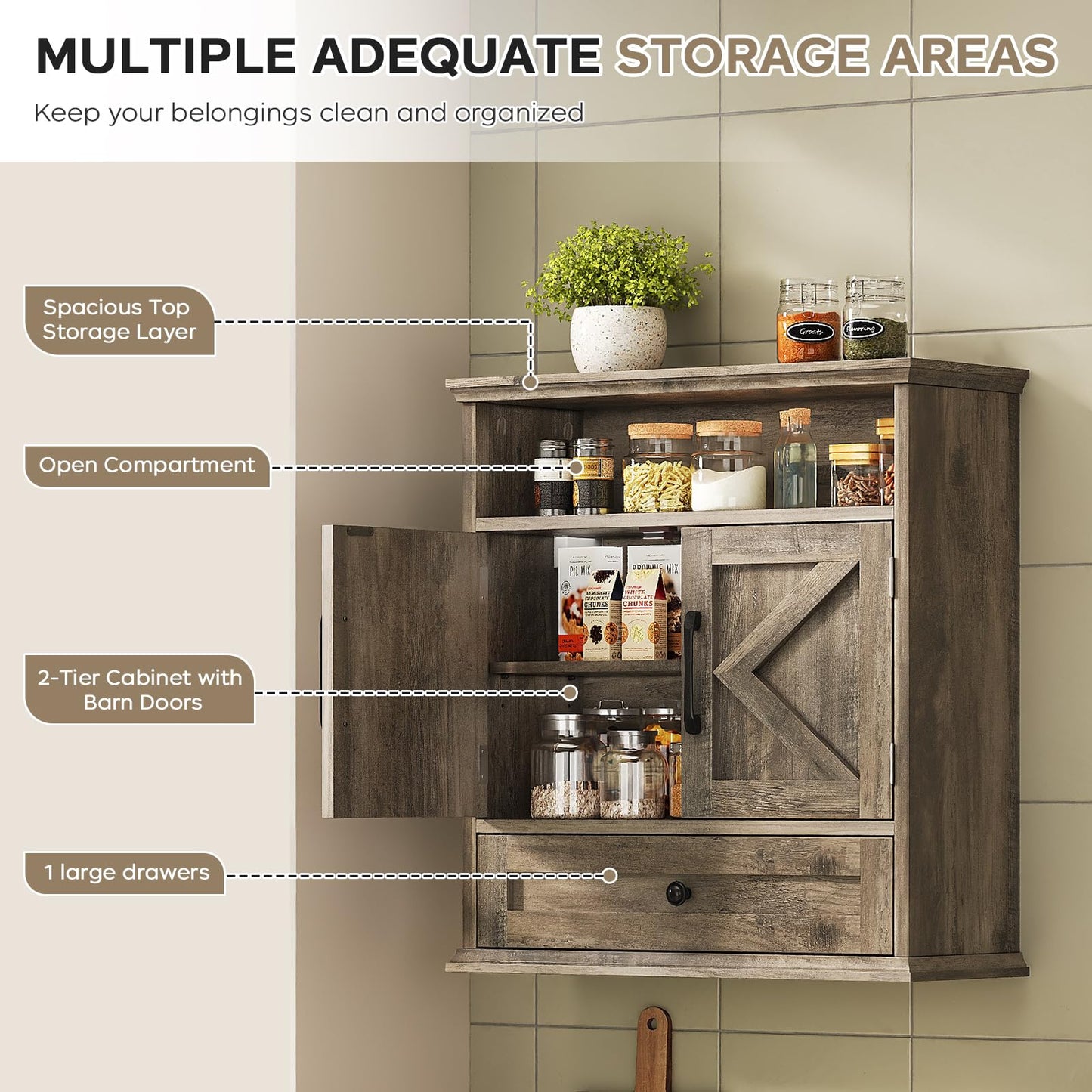 Bathroom Wall Cabinet, Wall Mounted Medicine Cabinet with Drawer, Barn Door & Adjustable Shelf, 24.4"H x 23.6"W x 9"D Grey Over Toilet Farmhouse Storage Cabinet for Kitchen, Laundry, Entryway
