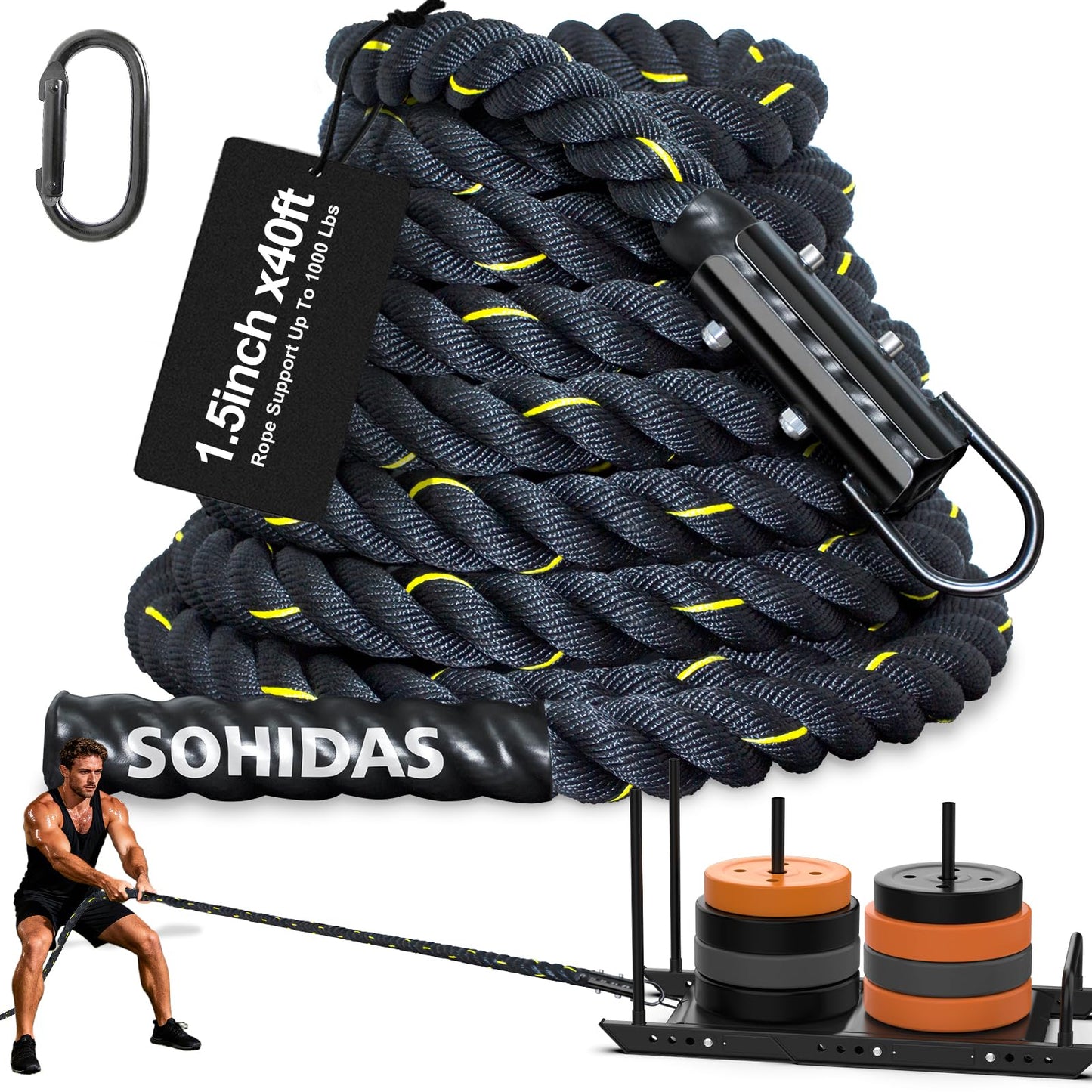 SOHIDAS 40FT Weight Sled Rope Workout Sled Pulling Ropes, Sled Push Gym Equipment Weight Sled Pull Rope for Training Tire Pulling Workout Fitness Resistance Football Exercise Equipment for Men Women