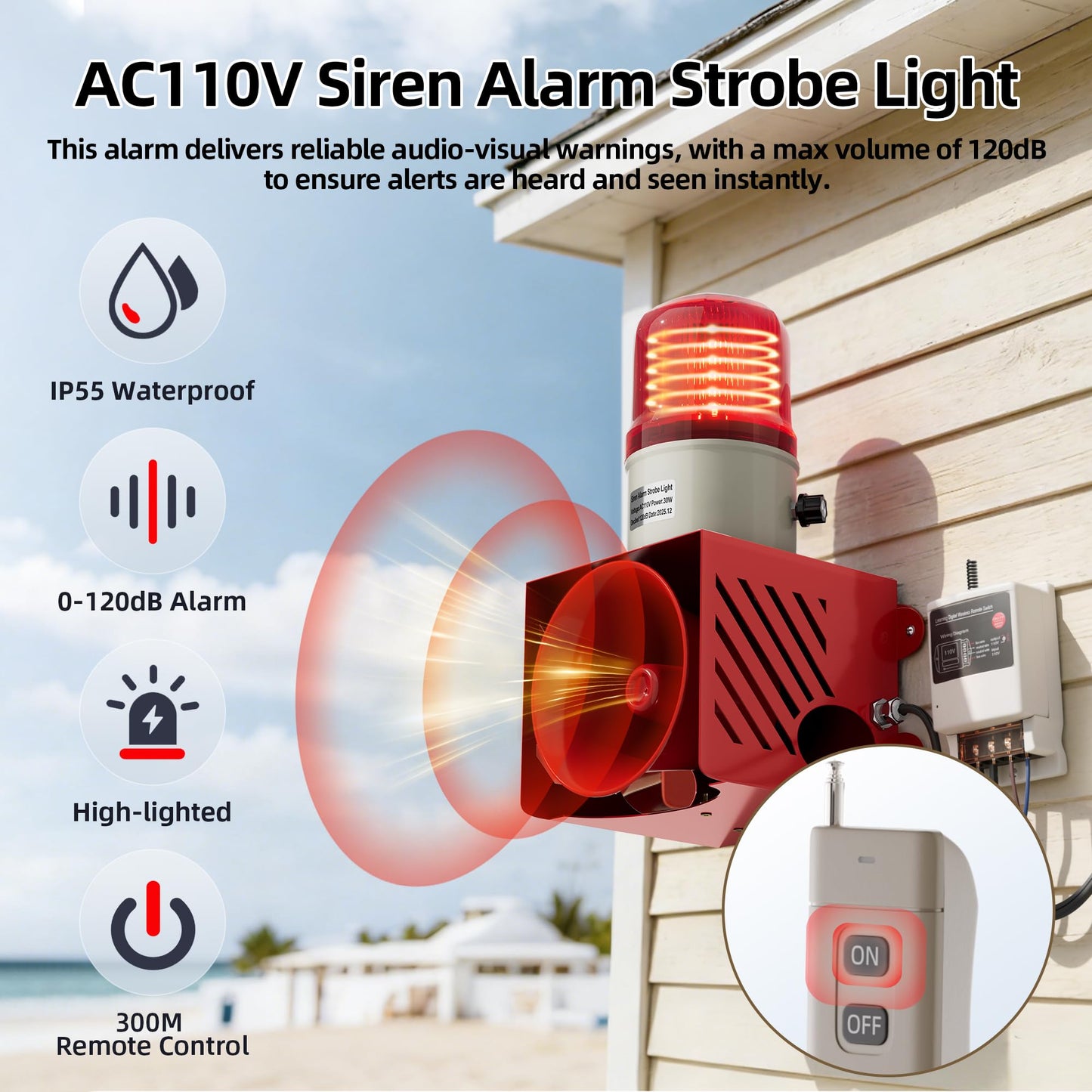 Joinfworld AC110V 120dB Warning Siren Alarm Emergency Strobe Remote Control Alarm Plug-in Security Adjustable Volume for Warehouse, Factory, Farm, Garage