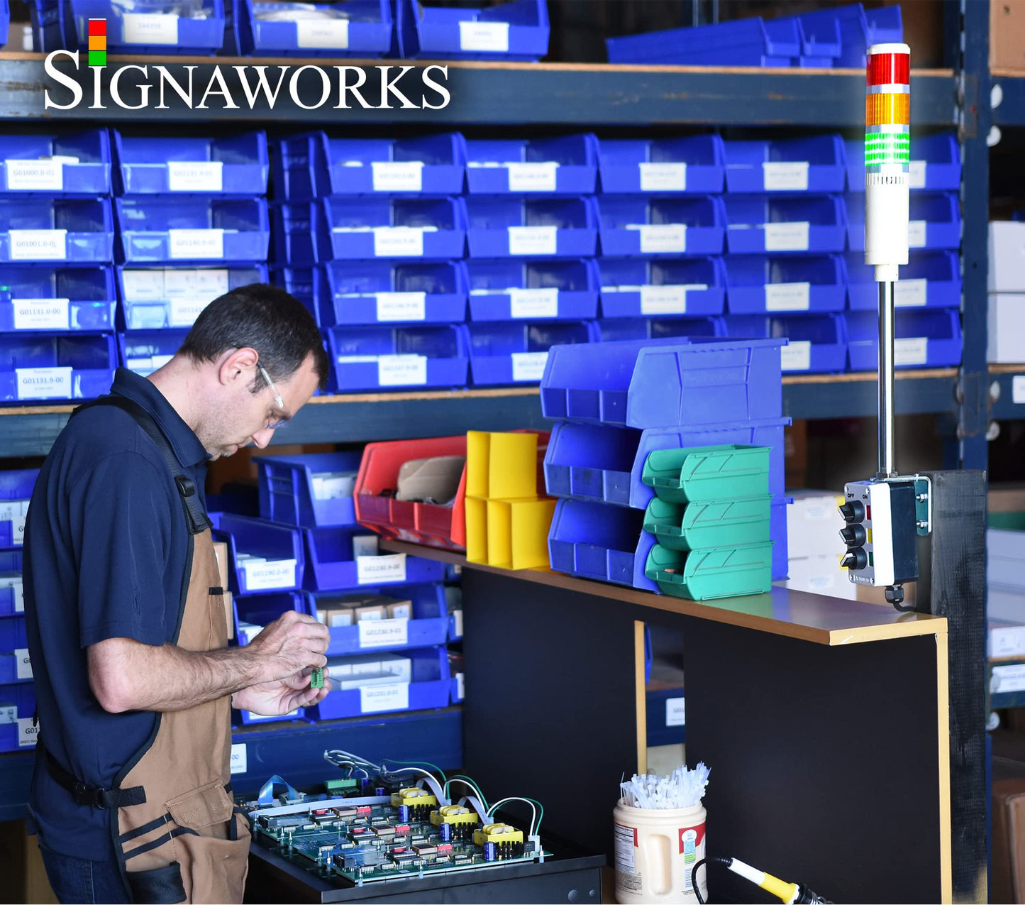 Signaworks 4 Stack Super Bright LED Andon Tower Light, 3 Pos On-Off-Flash, Red/Amber/Green/Blue, 8 ft Industrial Power Cord, Plug & Play Ready, 3 Prong Plug Meets OHSA Standard * Made in USA *