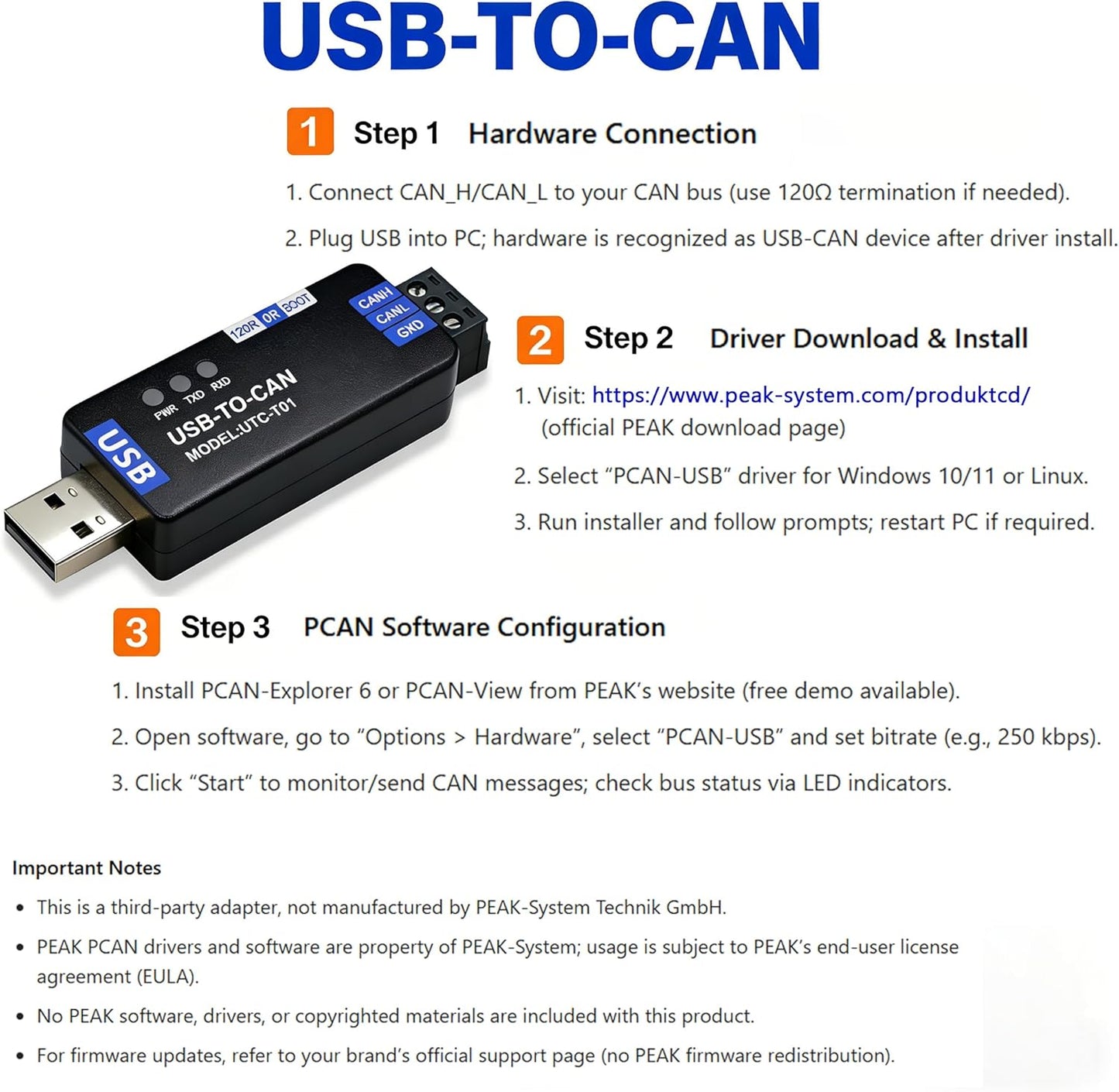 Xiusiyt USB to CAN Bus Converter with Preloaded PCAN Firmware - Ideal for Automotive & Industrial Robotics Applications