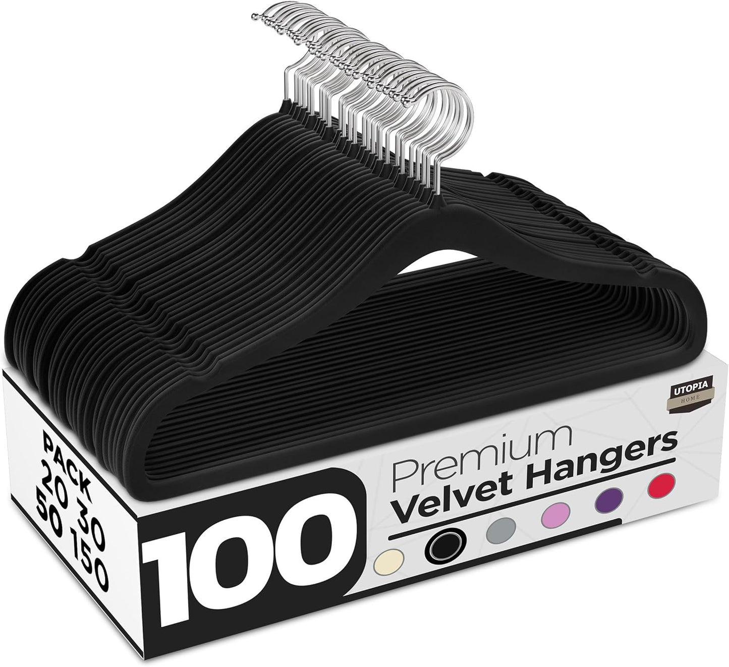 Utopia Home Velvet Hangers - 100 Pack Luxury Non-Slip Slim Coat & Pant Hangers | Space-Saving Black Design