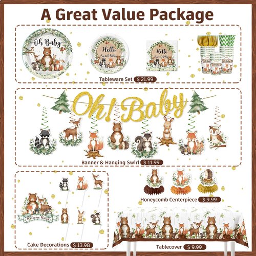 179pcs Woodland Baby Shower Decorations Include Woodland Plates and Napkins Set, Banner, Hanging, Tablecloth, Cupcake Topper, Balloon, for Neutral Forest Animal Baby Shower Decor, Serves 25