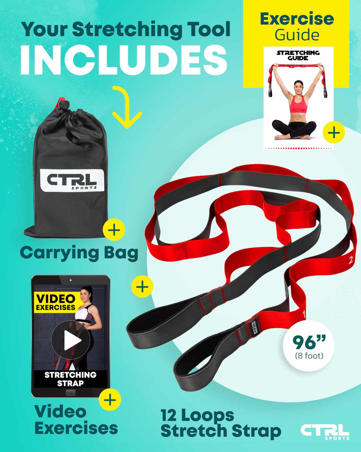 Stretching Strap with Loops - Non Elastic Stretch Band for Physical Therapy, Yoga Strap for Stretching Equipment, Stretch Bands for Exercise and Flexibility - Fascia, Hamstring & Leg Stretcher Belt