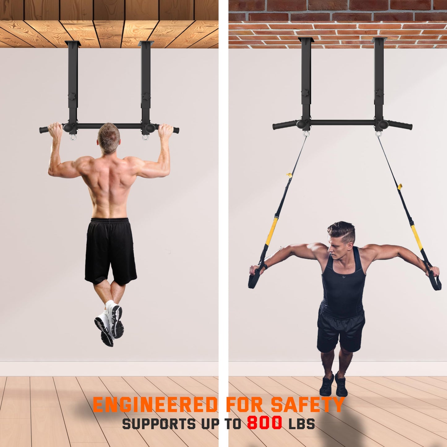 Ceiling Mount Pull Up Bar for Garage/Basement/Rafter - Heavy Duty 800LBS Adjustable Height Multi-Grip Chin Up Bar,Ceiling Joist/Beam Mounted Pull-Up Bar with Ball Finger & Round Anchors