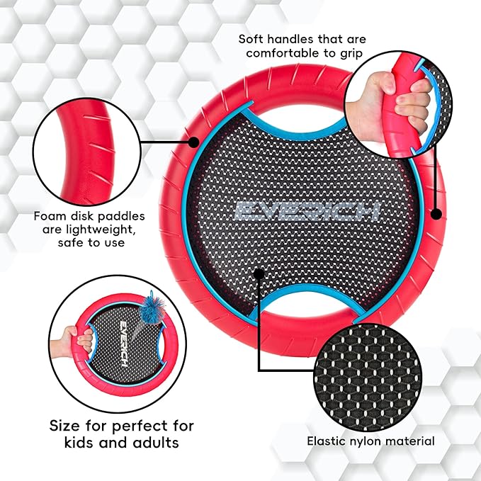 EVERICH TOY Trampoline Paddle Ball Set with 2 Bouncy Paddles & 4 Balls - Soft Foam Design for Kids Play Indoor Outdoor Beach Backyard Lawn - Great Gift Idea for Boys & Girls (Green & Red)