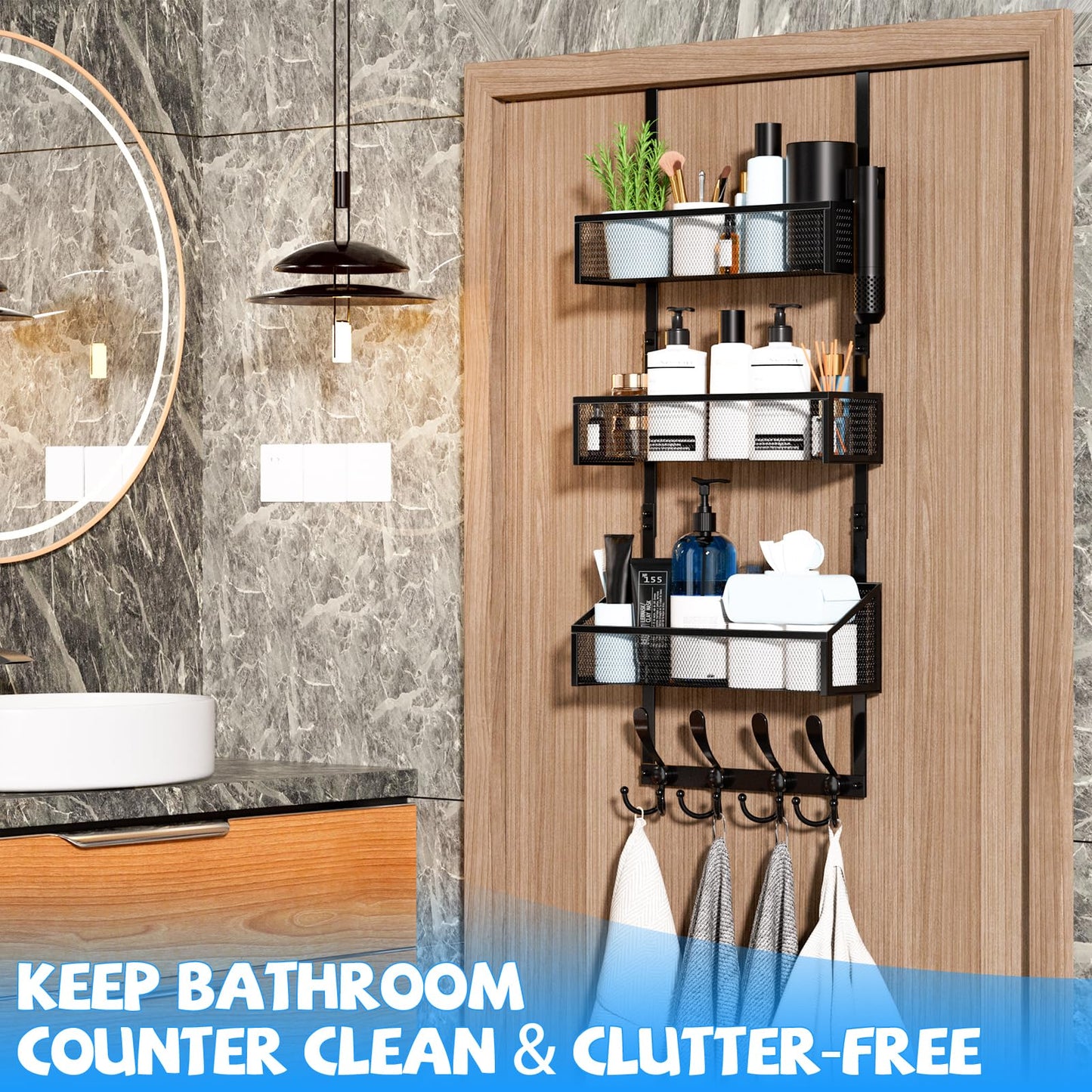 Kaiferty Over The Door Hooks Organizer, Coat Rack Over The Door Storage Hanger Towel Rack, Back of Door Storage Organizer for Bathroom,Bedroom,Kitchen,Office (Black, 4-Tier)