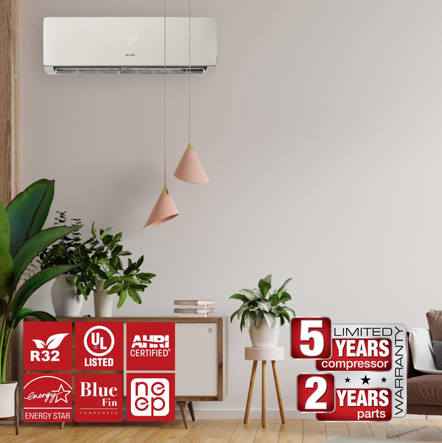 OLMO 12,000 BTU 230V Mini Split AC Heat Pump, Ductless Wall Mount - 20 SEER2 - Smart Kit & 16FT Installation Kit Included - Pre-Charged with R-32-1 Ton Inverter System