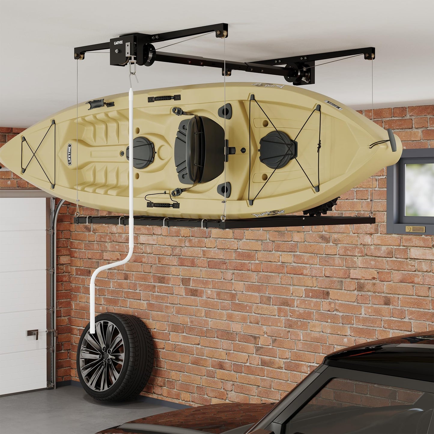 Garvee Overhead Garage Storage Rack Lift, 4x4 ft Ceiling Mounted Storage Racks, 79" Max Adjustable Height, 350lbs Weight Capacity, Heavy-Duty Metal Ceiling Rack for Organization
