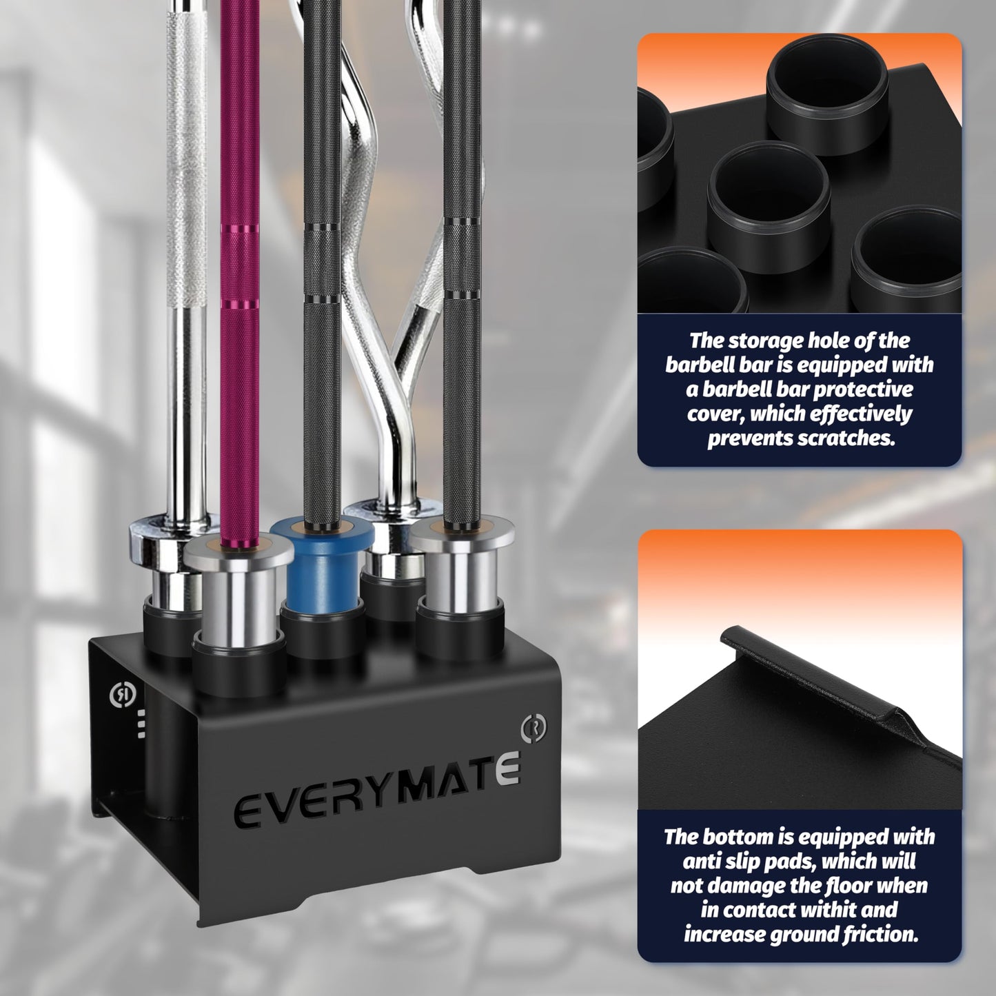 EVERYMATE 5 Barbell Holder, Vertical Olympic Bar Rack, Gym Vertical Storage Fits 2-Inch Barbells,Home Garage Gym Organize