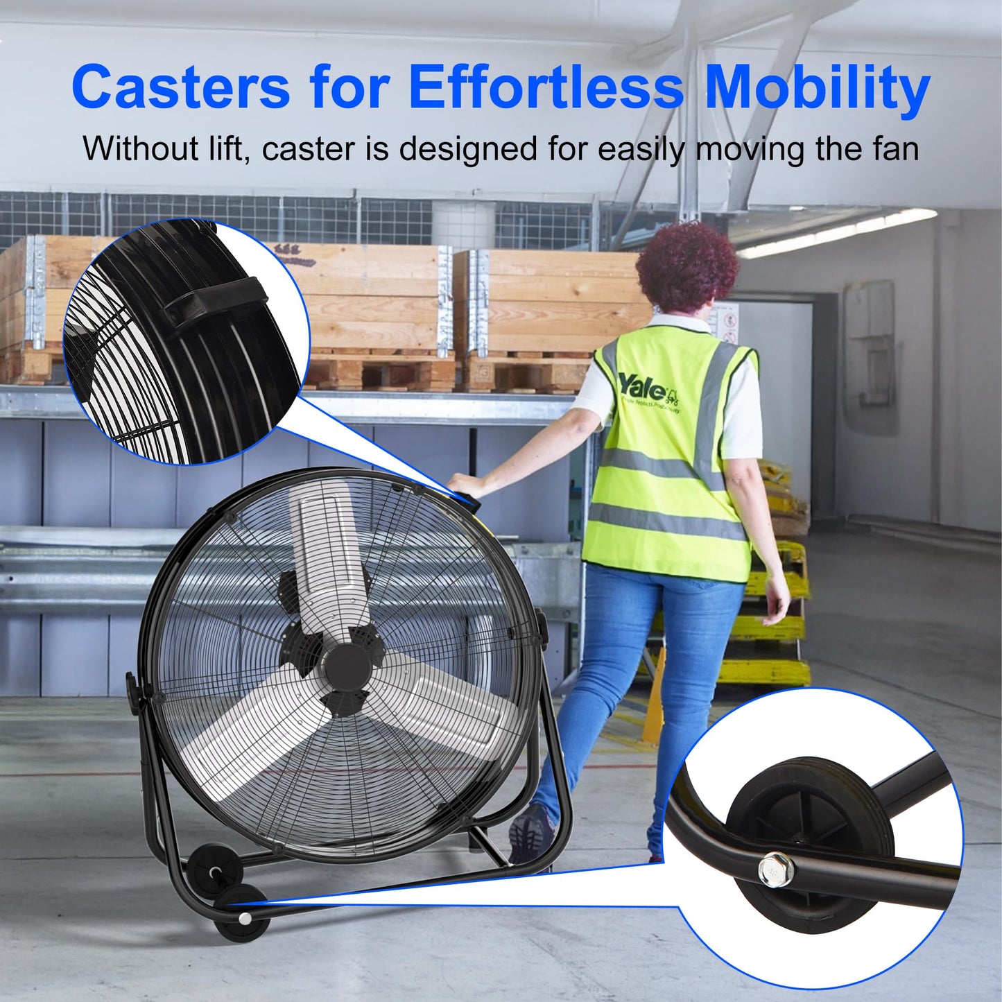 Uthfy 24 Inch High Velocity Floor Fan, 8800CFM Heavy Duty Industrial Drum Fan with 3 Speeds, 360° Tilt Metal Garage Fan with Wheels for Warehouse, Commercial, Workshop, Factory and Gym, Black