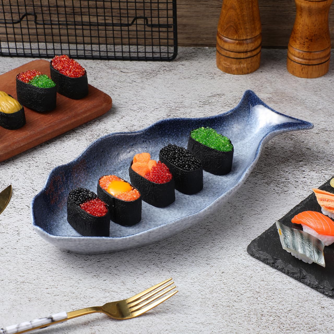 Cabilock 12 Inch Ceramic Fish Shaped Plate, Blue Porcelain Steamed Fish Platter, Deep Seafood Serving Dish for Sushi & Appetizers, Decorative Food Tray for Home Restaurant Kitchen