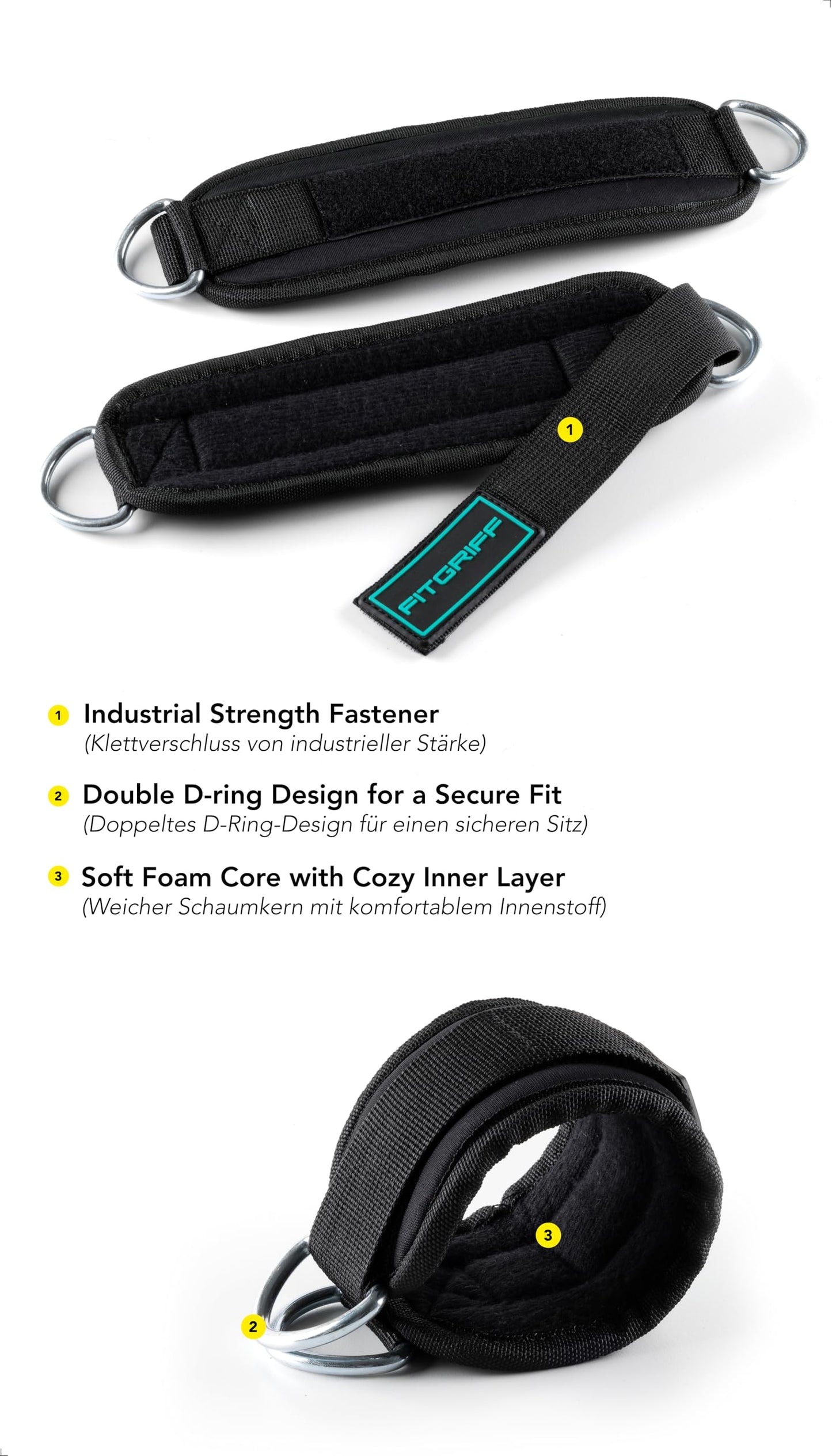 Fitgriff® Ankle Straps V3 for Cable Machine (2 Pieces) - Gym Workout Equipment - Leg Pulley Attachment, Kickback Straps (Black/Cyan)