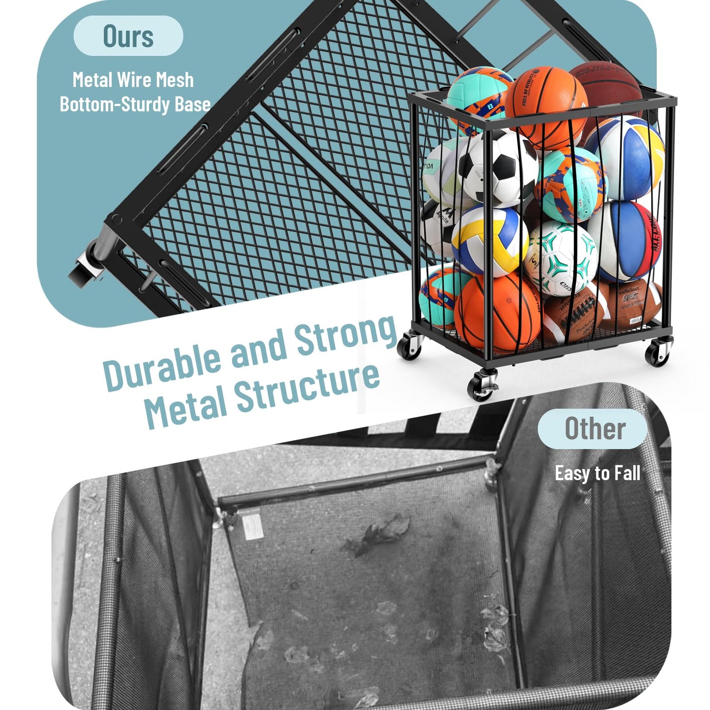 TomCare Garage Ball Rolling Storage Rack Large Capacity Basketball Holder with Elastic Rope [Hold 12-15 Balls][Easy to Take] Garage Sports Equipment Organizer cart with Wheels for Home, Outdoor Use