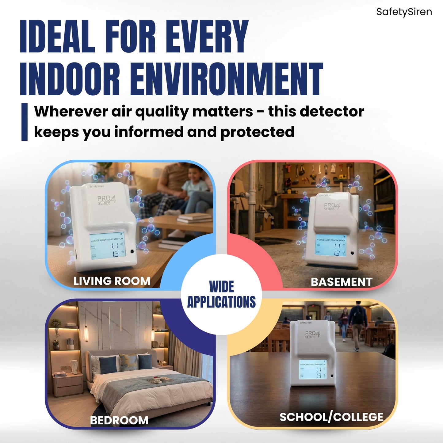 Safety Siren Pro4 Home Radon Gas Detector, Continuous Monitoring for Indoor Use with LED Indicators and Long-Term Radon Tracking, Real-Time Alerts, Digital Display and Alarm Function - 2 Pack
