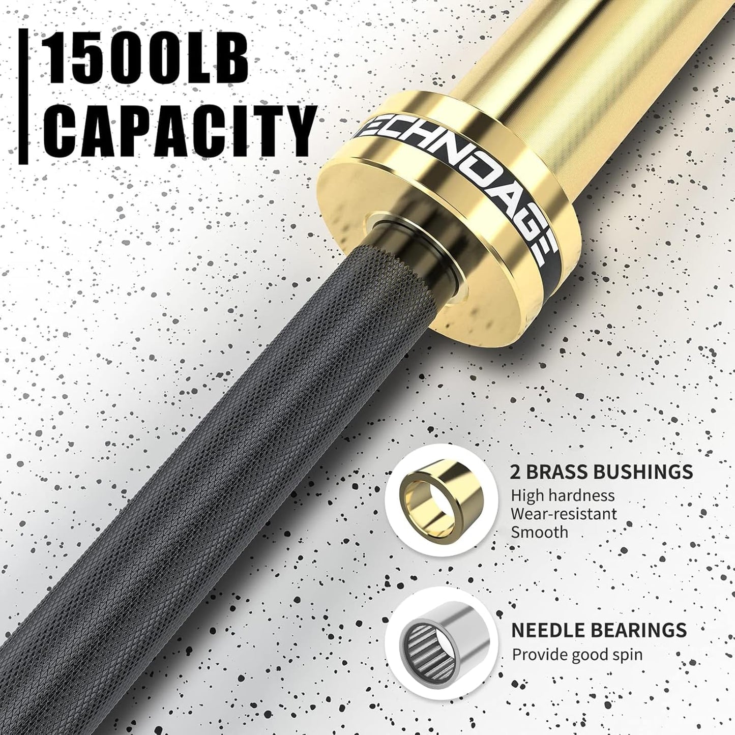 TECHNOAGE 7ft Olympic Barbell 45LB – 1500LB Capacity Weightlifting Bar with Needle Bearings & 28mm Knurled Grip, Powerlifting Strength Bar for Squat Bench Deadlift, Home Gym Olympic Weight Bar,Gold