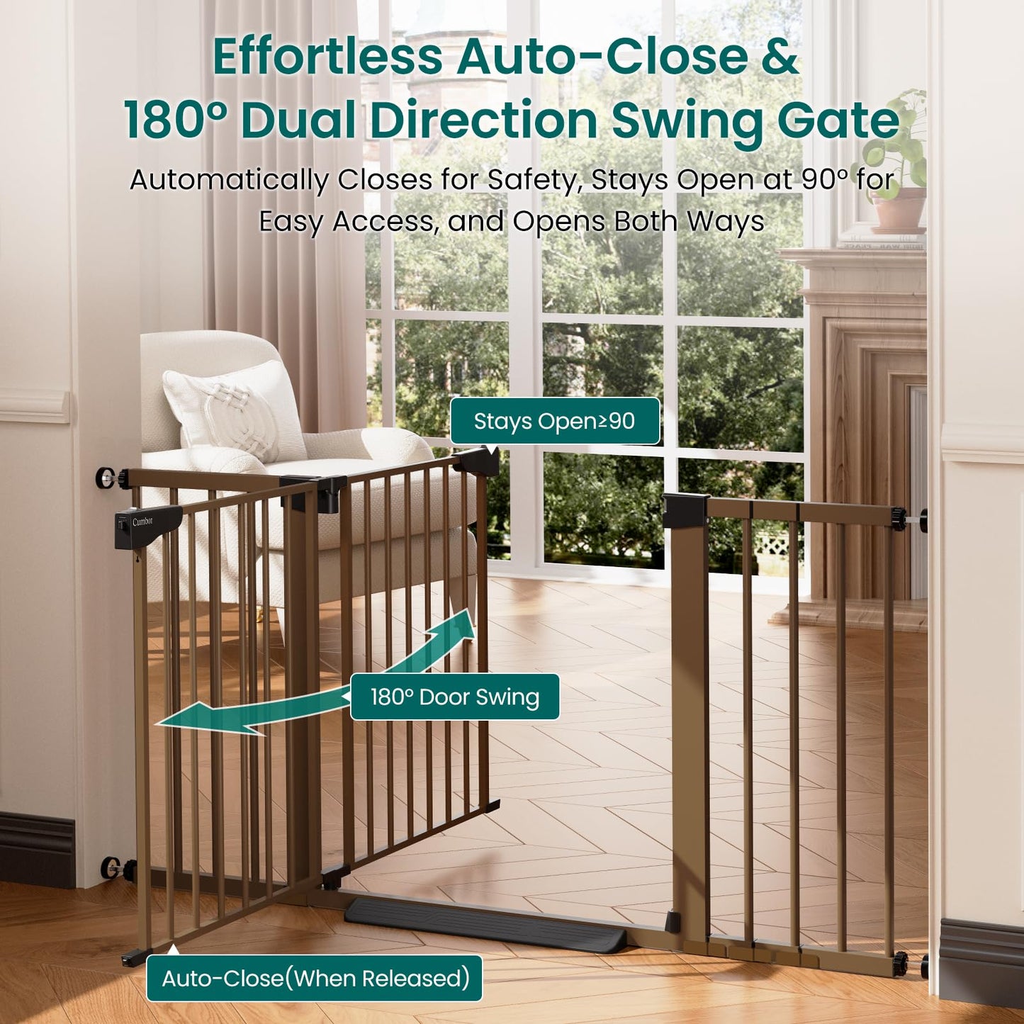 Cumbor 30-54" Extra Wide Baby Gate for Stairs, Dual Lock & Self-Closing Dog Gate Indoor, Easy Install Pet Gate for Doorways, Hallways & Kitchen, Easy Walk Thru Safety Proofing for Babies & Pets, Brown