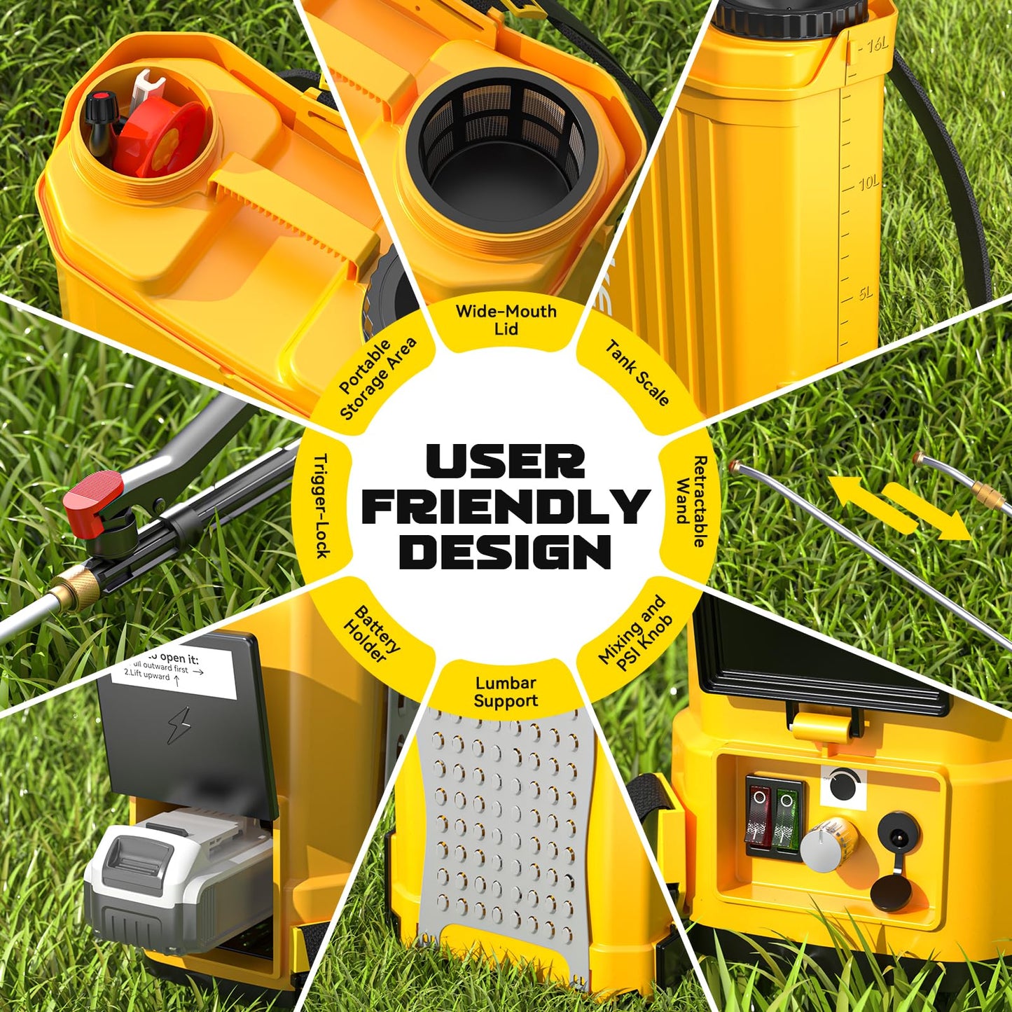 Battery Backpack Sprayer Compatible with Dewalt 20V Battery (Tool Only) 4.2 Gallon with Auto Mixer, 0–100PSI Adj, Leak-Proof Metal Telescopic Wand 42", 6 Nozzles, Ergonomic Strap Ecarke Garden Sprayer