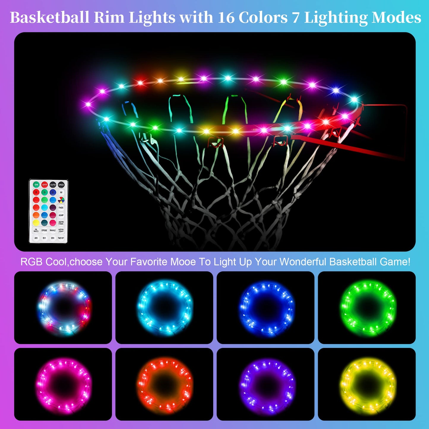 Ajerg LED Basketball Hoop Lights - Outdoor Rim Lights with 16 Colors, 7 Modes, Waterproof, Perfect for Adults Training and Games