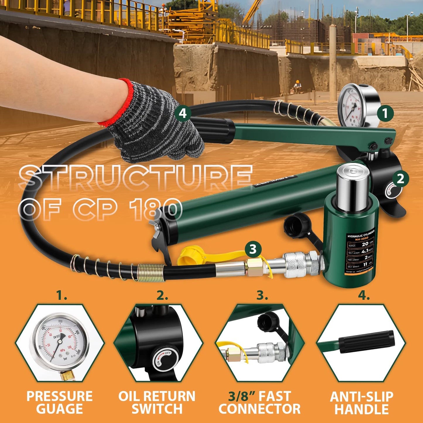Newhai 20 ton 2” Hydraulic Ram Jack+ cp-180 Hand Pump with Pressure Gauge Hydraulic Porta Power 20 ton Kit Low Profile Short Cylinder