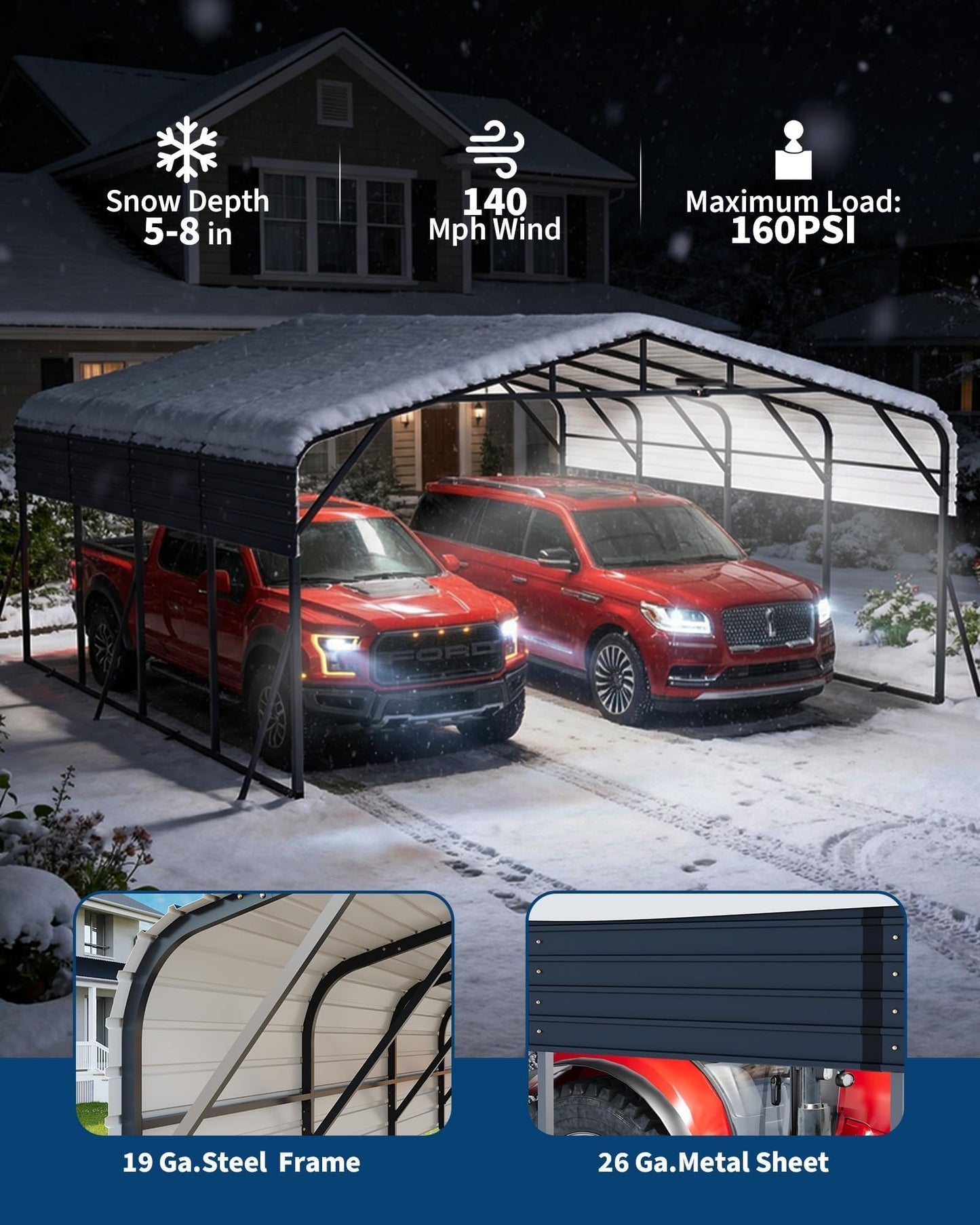 Garvee 20x25ft Heavy Duty Metal Carport, 2-Car Carport Kit with Solar Lights, 500 Sq. Ft. RV Boat Trailer Steel Garage Shelter