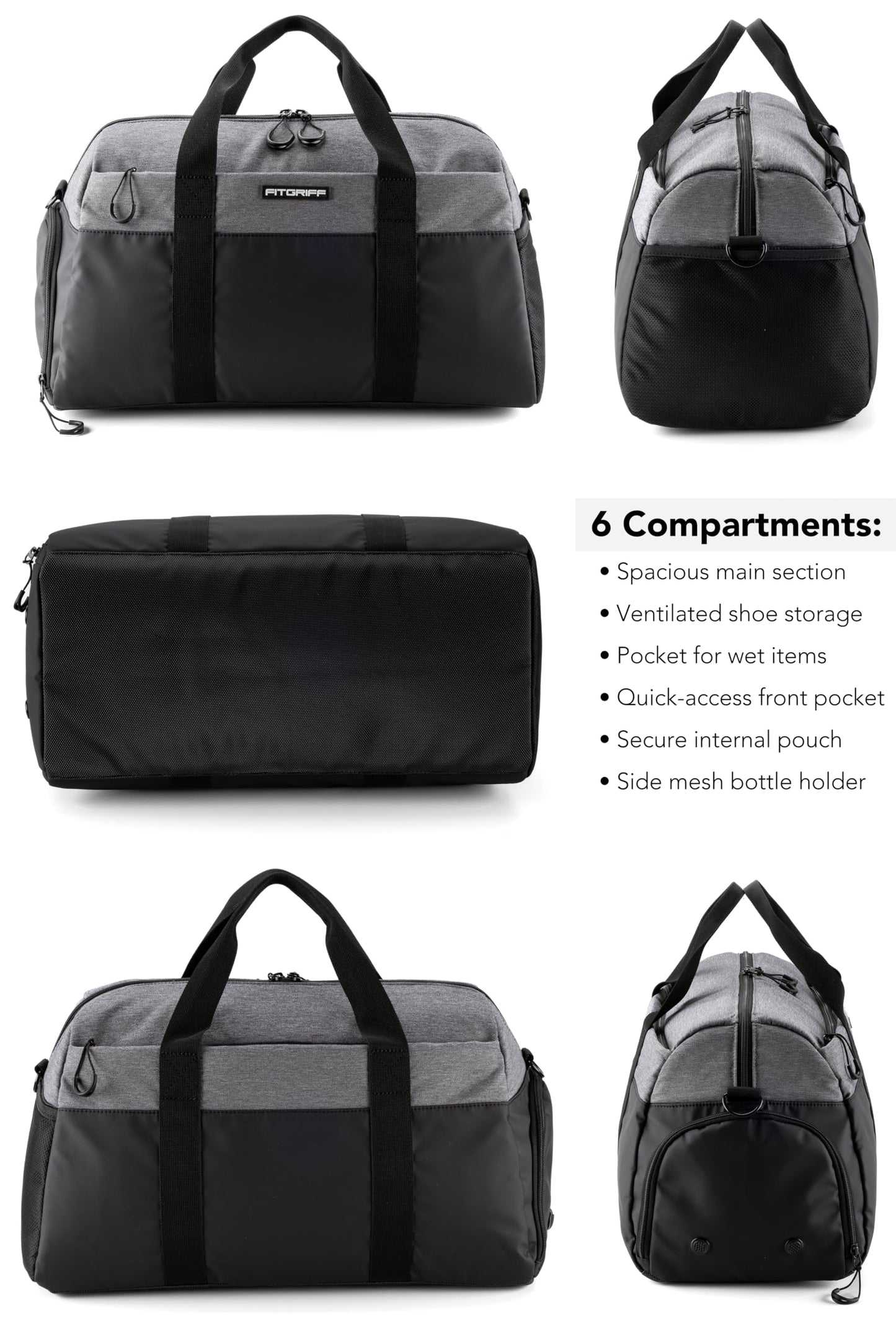 Fitgriff® Gym Bag V2 for Men and Women with Shoe & Wet Compartment - Duffle Bag for Travel, Sports, Fitness and Workout (Black/Grey, 19 x 10 x 11″ (Small))