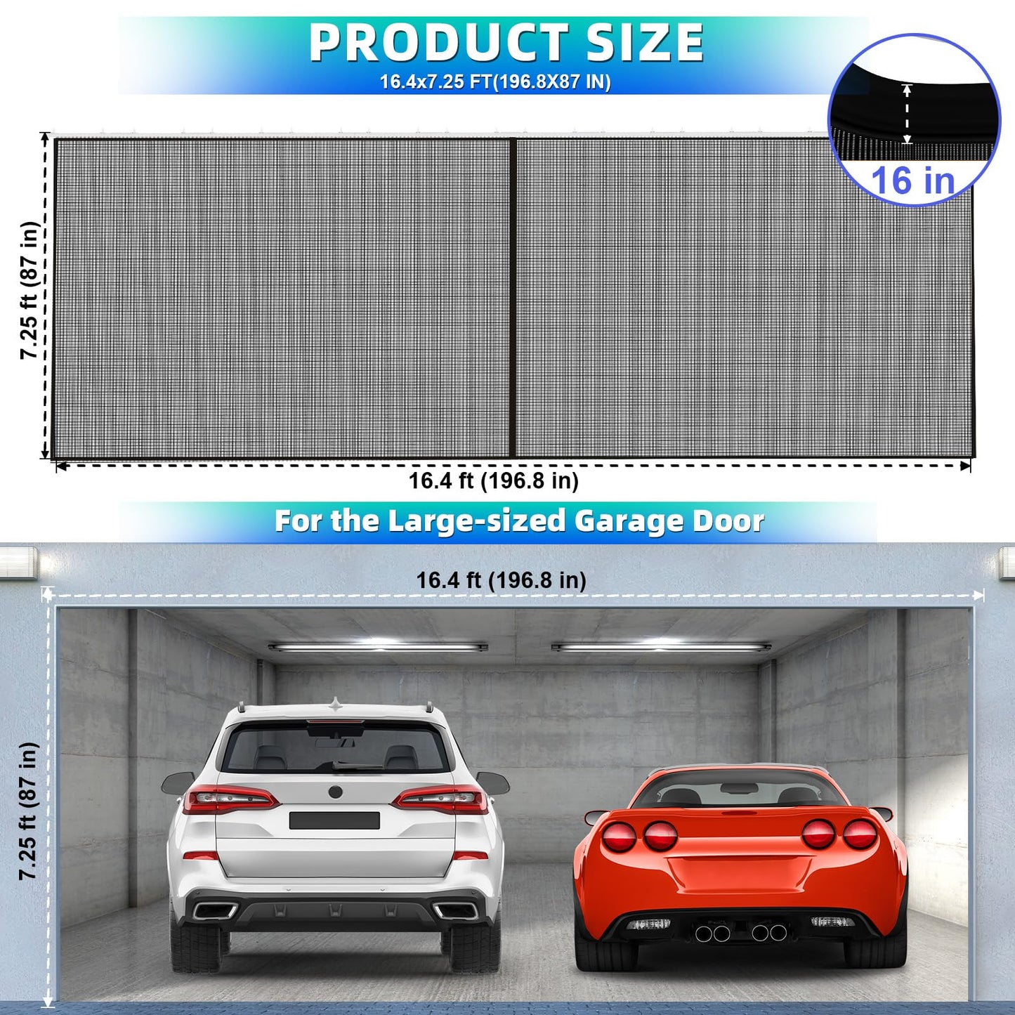 Sliding Garage Door Screen 2 Car with Track Closure,16x7Ft Garage Door Retractable Privacy Curtain Keep Annoying Animals Out Easy Install Heavy Duty Fiberglass Mesh for Opening Garage Aluminum Rail B1
