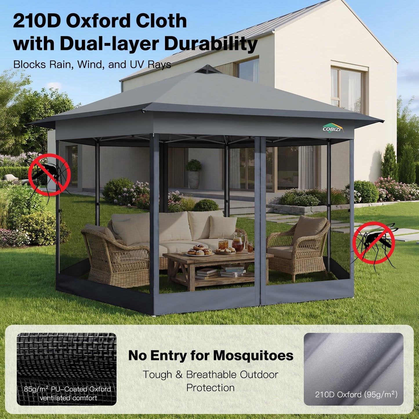 COBIZI 16x16 Pop up Gazebo on Clearance, Hexagonal Outdoor Canopy Tent with Mosquito Netting, Adjustable Height and 256 Square ft of Shade for Party, Backyard, Gardens with Vented Top（Dark Gray）