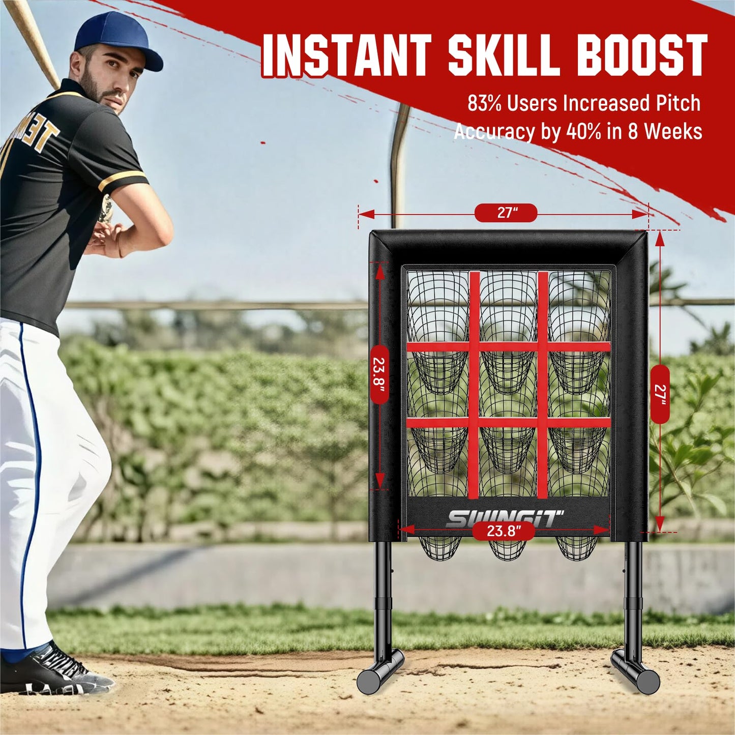 Upgrade 9 Hole Baseball Pitching Net with Strike Zone, Professional Heavy Duty 9 Pocket Softball Pitching net, Throwing Target Portable for Accuracy Training Practice Net, Adjustable Height