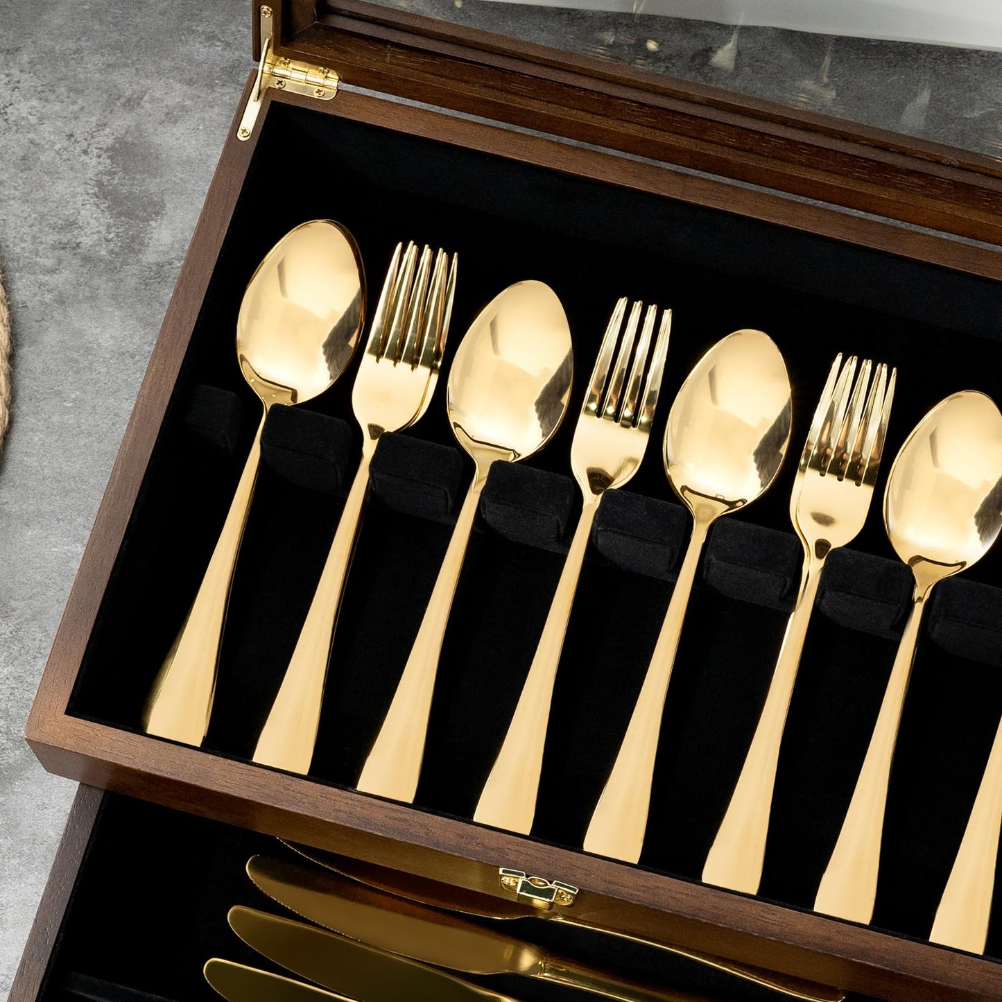 Yoimori Silverware Box, 2-Layer Wooden Silverware Storage Box with Glass Lid, 14.5×10.6 Inches Luxury Style Decor Flatware Storage Case for Fine Flatware & Utensils, Gift Idea (Walnut)