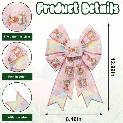 Hying Spring Highland Cattle Bows - Pink Buffalo Plaid Wreath Bows for Baby Showers & Farmhouse Decor