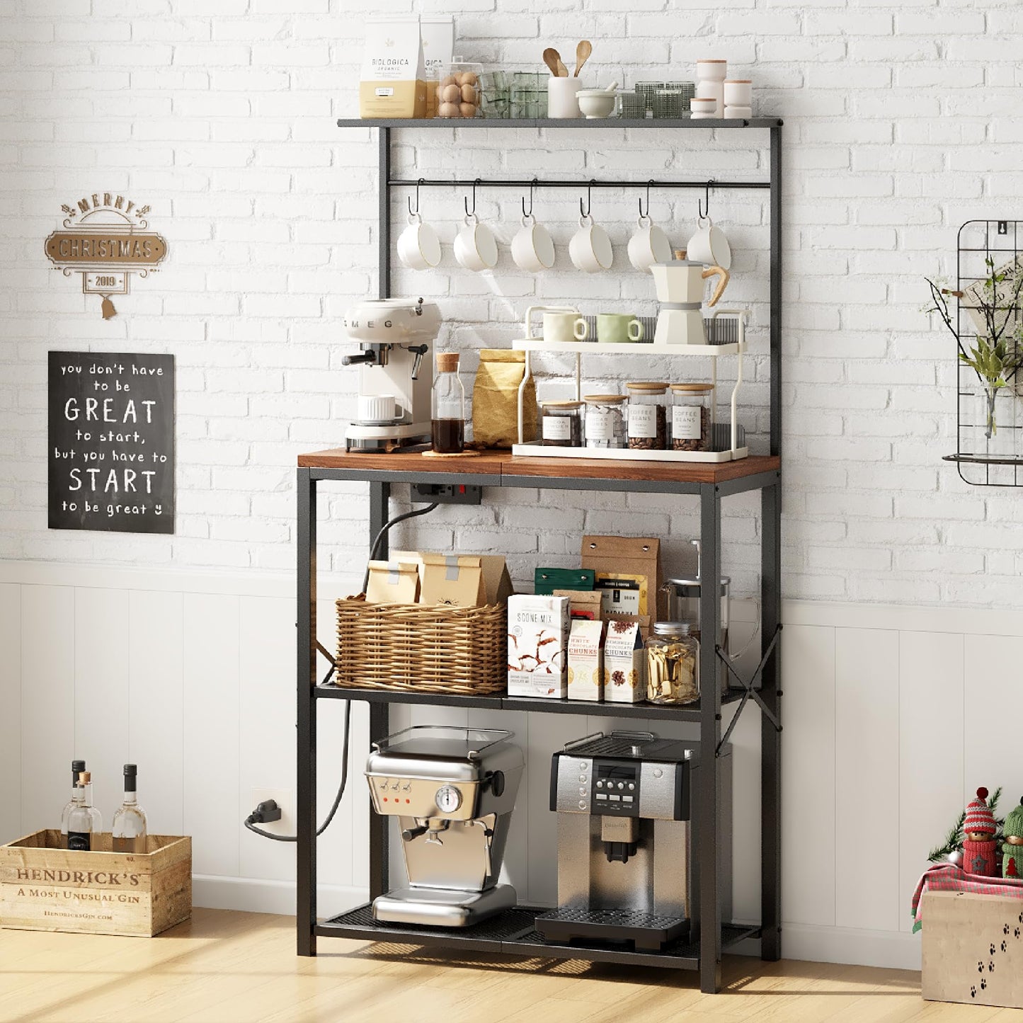Txecpro kitchen Bakers Rack with Power Outlet, Coffee Bar Table 4 Tiers, Microwave Stand with 6 S-shaped Hooks, Kitchen Storage Shelf Rack for Spices, Pots and Pans，25.6" L x 12" W x 53.5" H