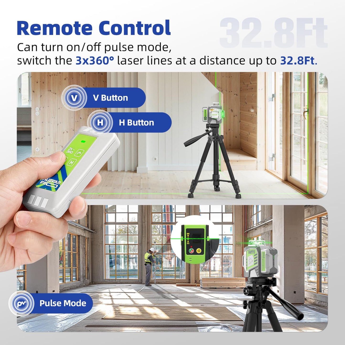 Huepar Pro Laser Level 360 Self Leveling, 3x360° High Accuracy Green Cross Line Laser for Construction and Picture Hanging, 12 Lines Level Laser Tool with Rechargeable Battery & Remote Control