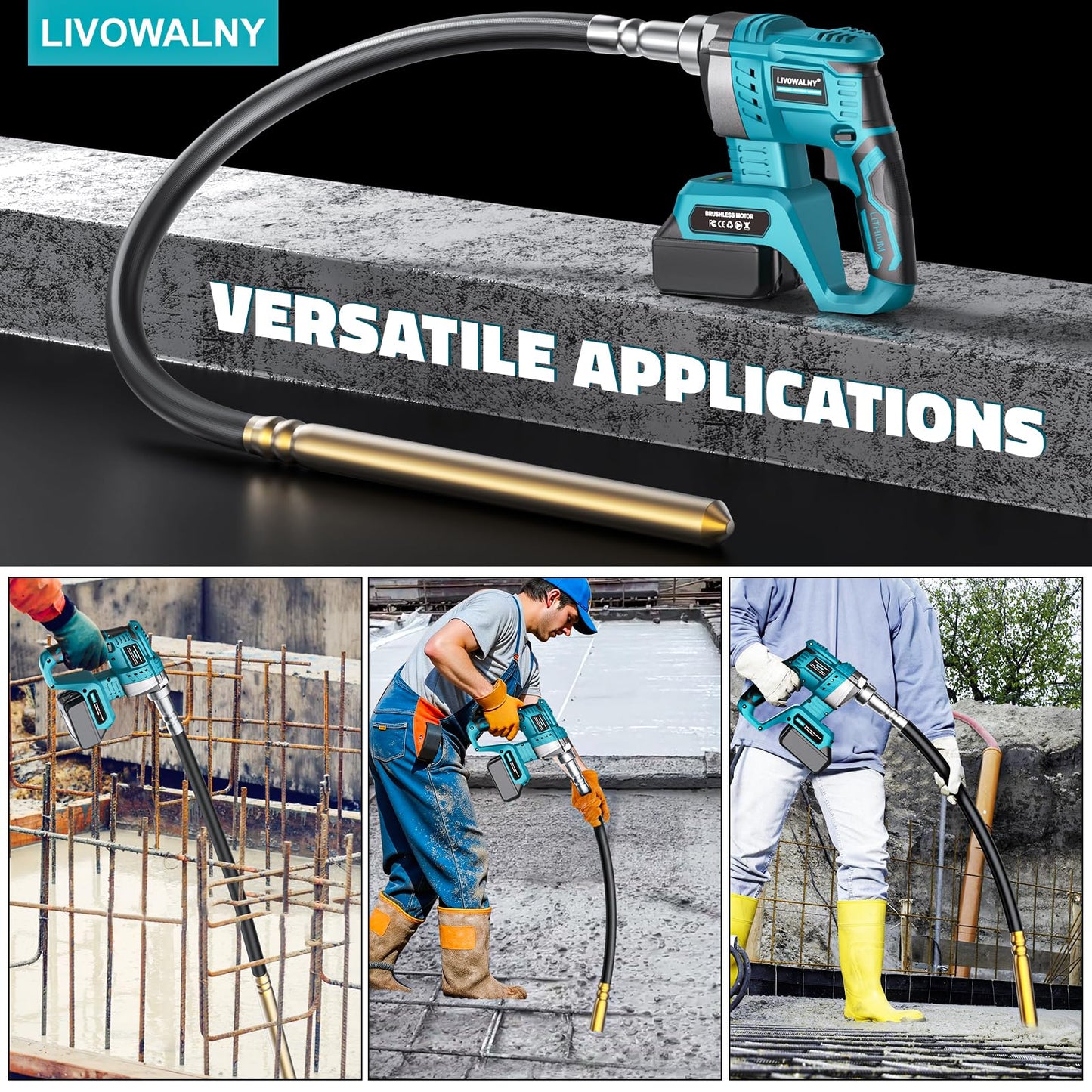 LIVOWALNY Handheld Concrete Vibrating Tool Compatible with Makita 18V Battery(Tool Only), 600W Cordless Electric Concrete Vibrator w/3.8ft Shaft Rod, Portable Pencil Cement Vibrarator Remove Bubble