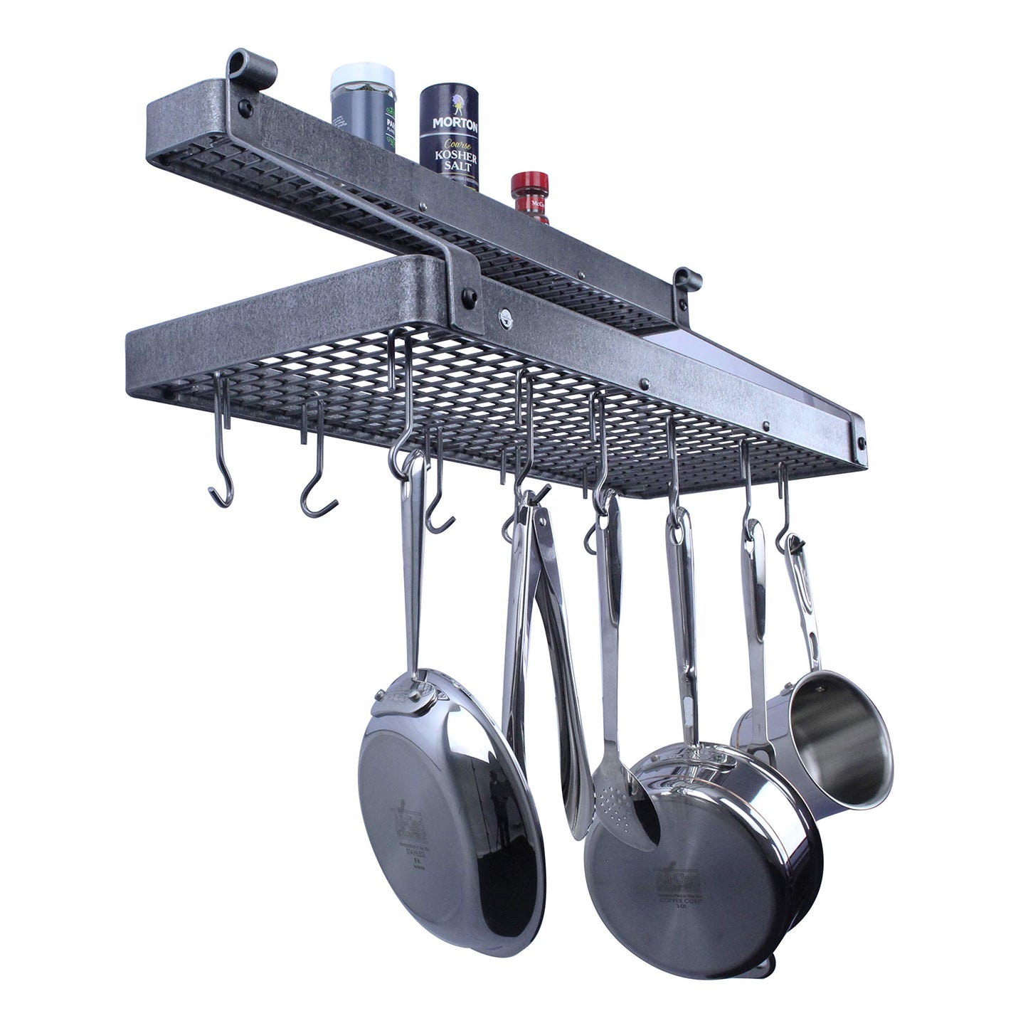 Enclume Premier Bookshelf Wall Pot Rack with Shelf, Hammered Steel