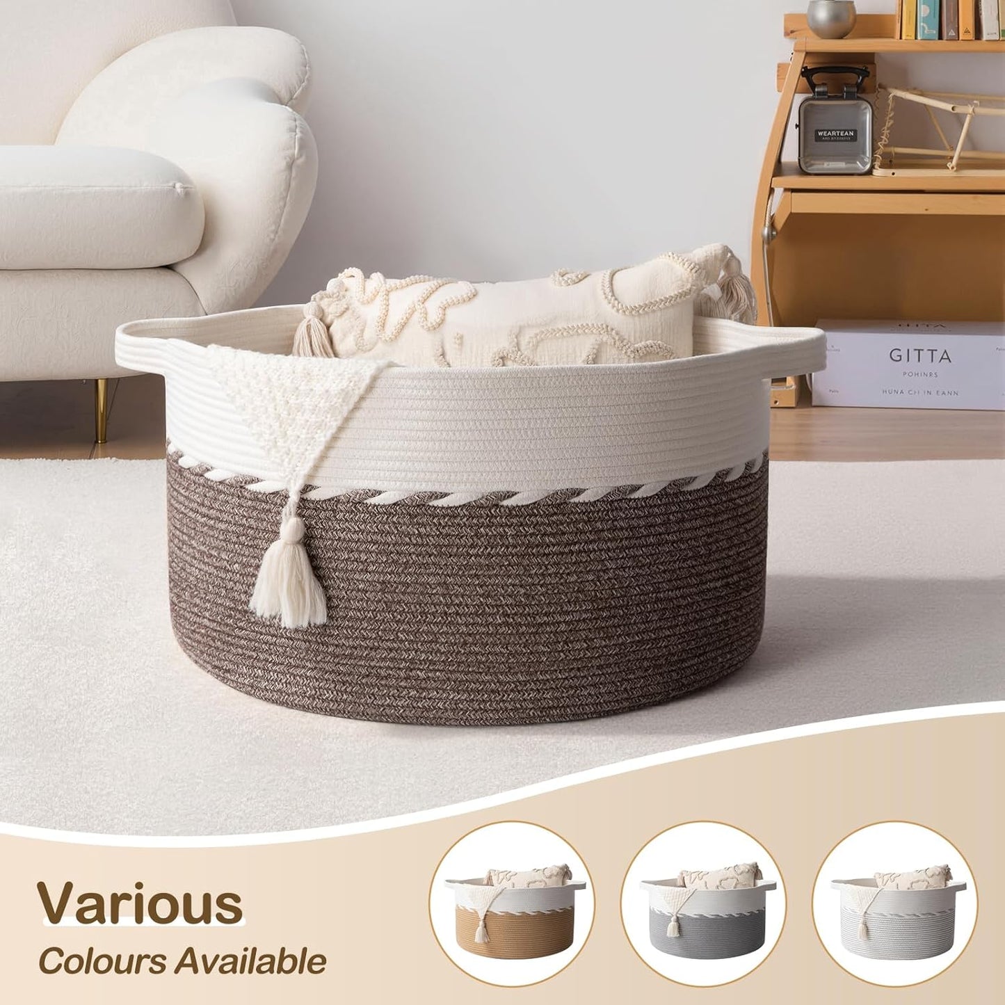 OIAHOMY 90L Blanket Basket - Large 23" x 23" x 13" Storage Solution with Handles for Laundry, Toys & More - Brown & White
