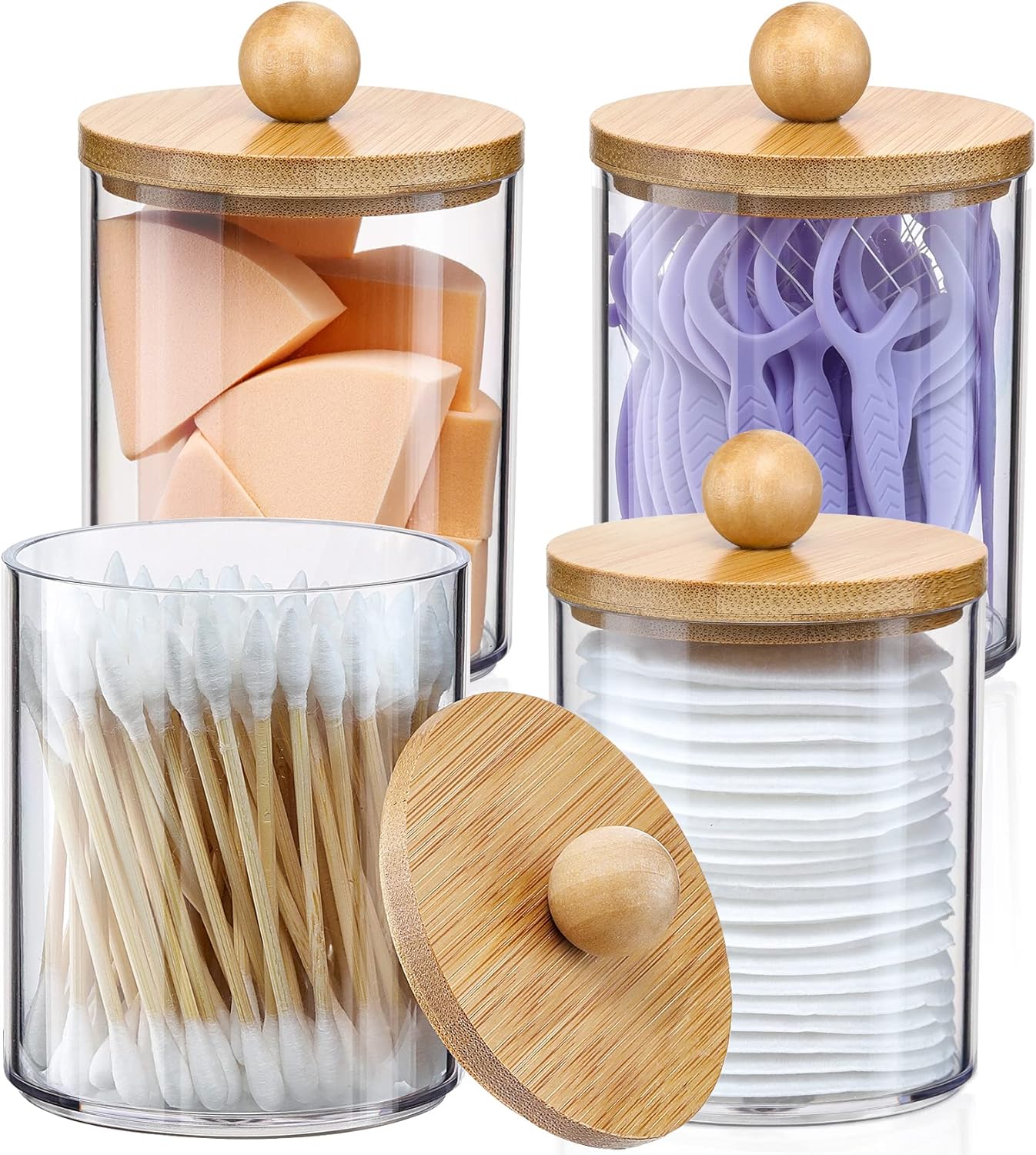 Qtip Holder Dispenser by [Brand Name] - 10 oz Clear Plastic Apothecary Jar with Bamboo Lids | Stylish Vanity Organizer for Cotton Swabs and Makeup Accessories