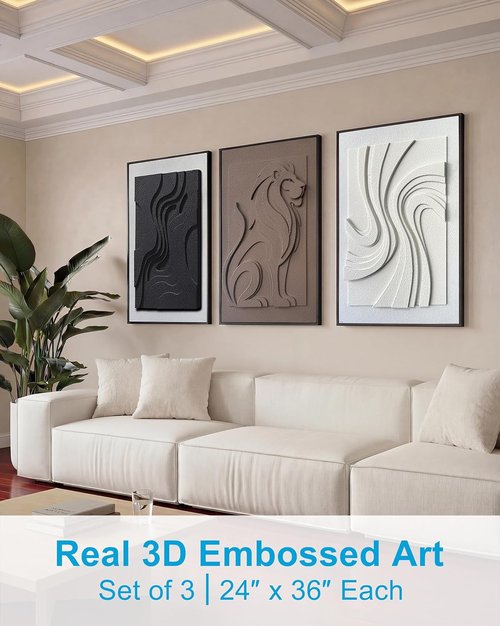 MIX3D 3D Textured Sandstone Wall Art - Set of 3 Framed Handcrafted Pieces | 24x36 Inch Ready to Hang for Home Decor