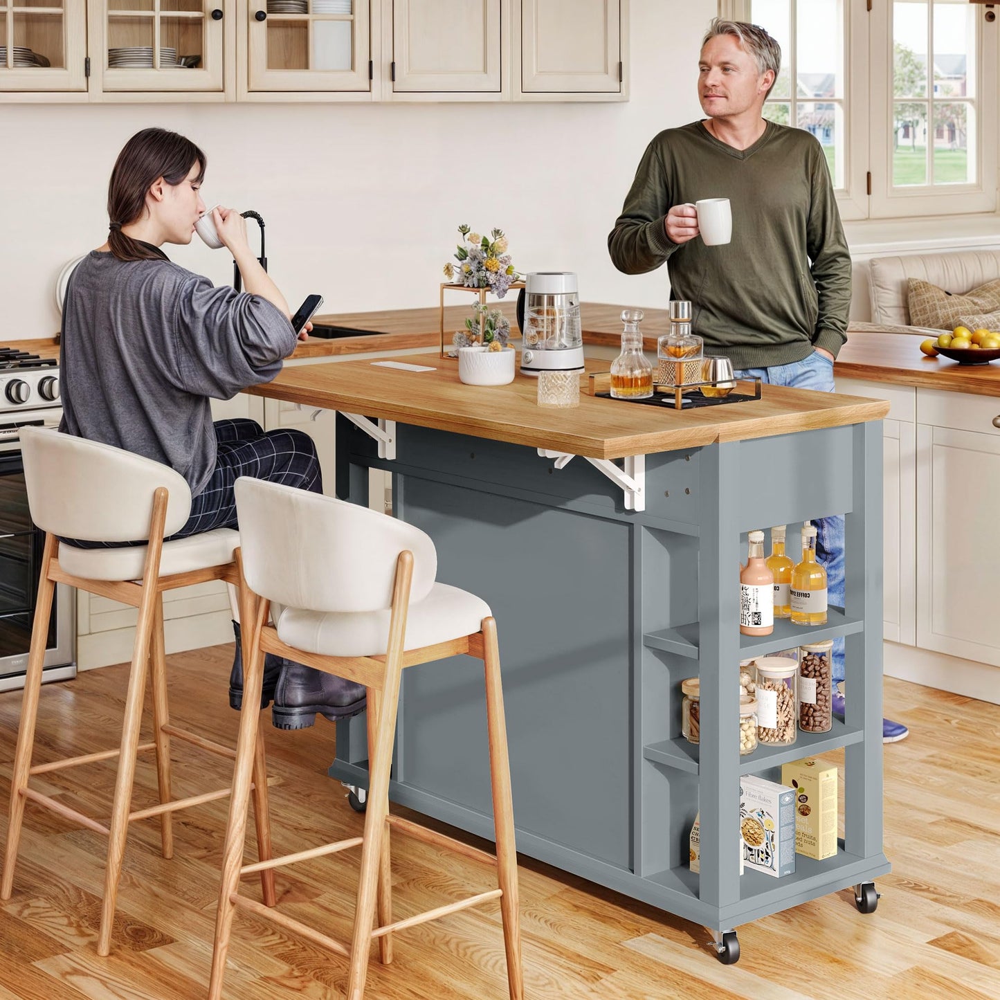 YITAHOME Kitchen Island with Drop Leaf & Power Outlet, Rolling Kitchen Cart on Wheels, Americana Kitchen Island Cabinet with Open Shelves for Kitchen Dining Room, Thicker Rubberwood Top, Grey Blue