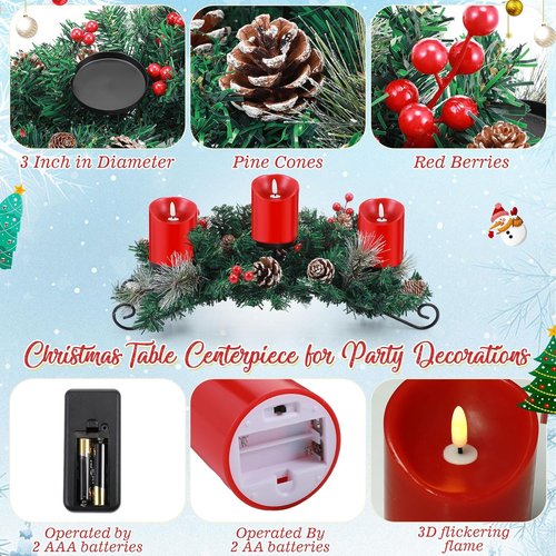 Mudder Christmas Table Centerpiece Set - 20'' Steel Base with 3 Flameless LED Candles & Red Berry Decor