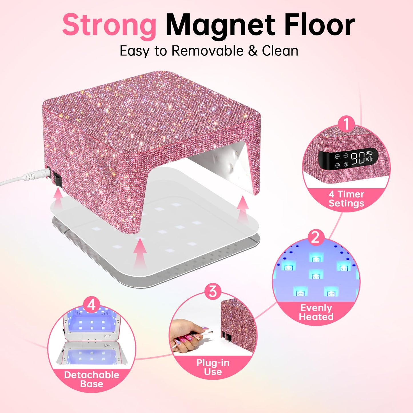 CHRISTINE SHELLY UV LED 96W Nail Lamp Gel Polish Light with 4 Timer Setting Plug-in Quick Dry Curing Lamp Pink & Nail Dust Collector Reusable Filters Powerful Vacuum Fan with Hand Pillow Pink