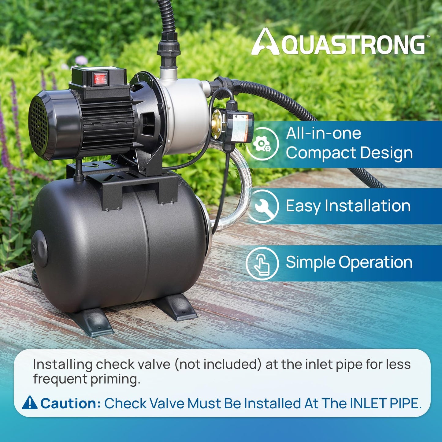 Aquastrong 115V Shallow Well Garden Pump, Stainless Steel, 1320 GPH, Automatic Water Booster Jet Pump for Home, Garden, Lawn,Irrigation,1.6 HP with Pressure Tank