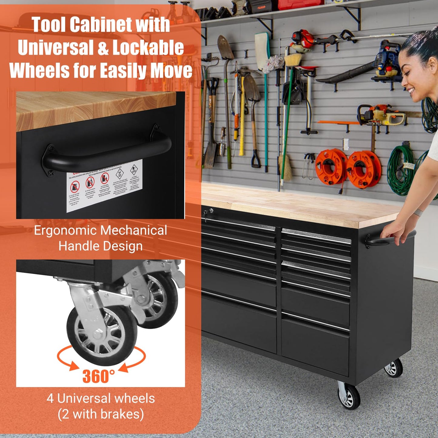 ExploreHorizon 72" Heavy-Duty Rolling Tool Chest & Garage Workbench with 15 Drawers, Steel Cabinet, Rubber Wood Top, Key Locking System, Drawer Liners, On Wheels for Warehouse Repair Shop, Black