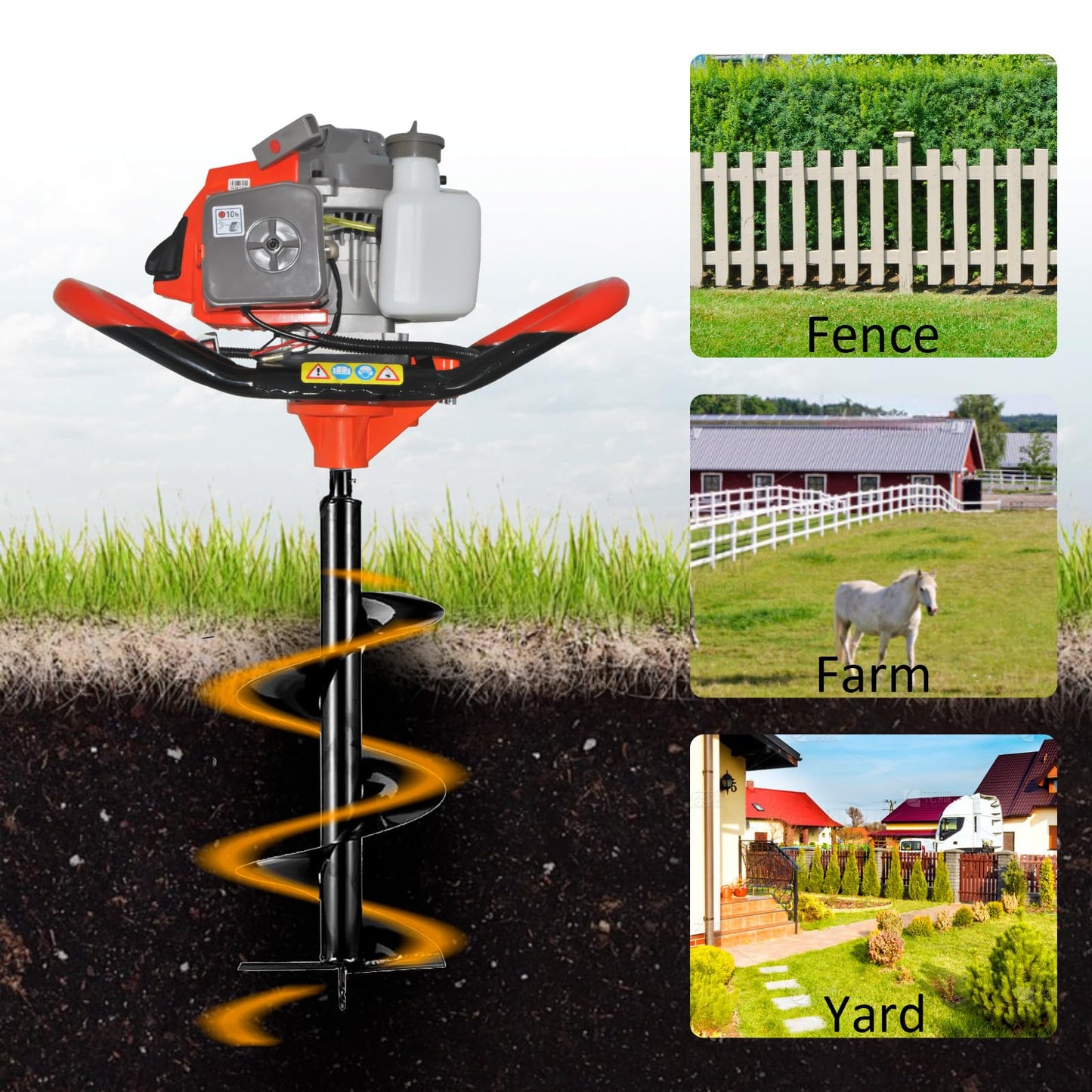 Post Hole Digger, 72CC 2 Stroke Auger Post Hole Digger, Gas Powered Earth Digger 3 Auger Drill Bits(4" & 8" & 12") and 2 Extension Rods for Farm Garden Plant